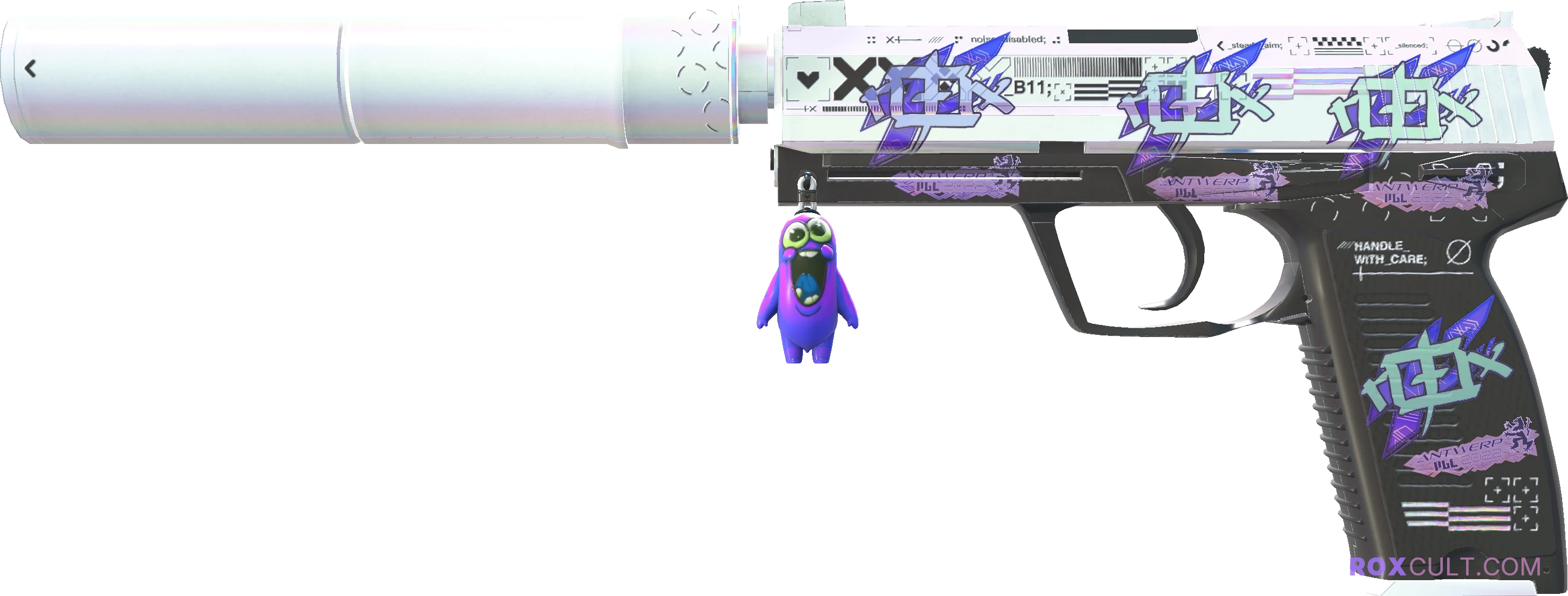 USP-S | Printstream (Factory New) — rox (Holo) Antwerp 2022 craft, playside view with 4 rox (Holo) stickers
