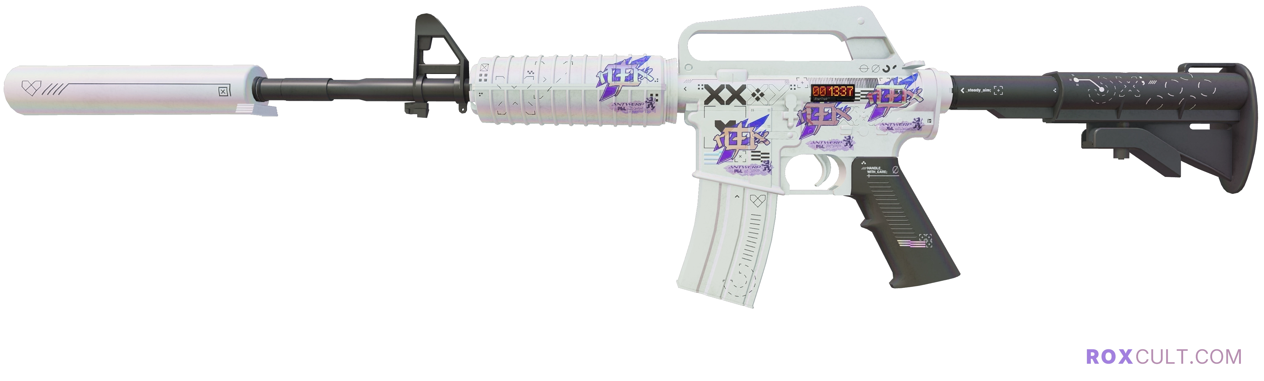 StatTrak™ M4A1-S | Printstream (Minimal Wear) — rox (Holo) Antwerp 2022 craft, playside view with 4 rox (Holo) stickers