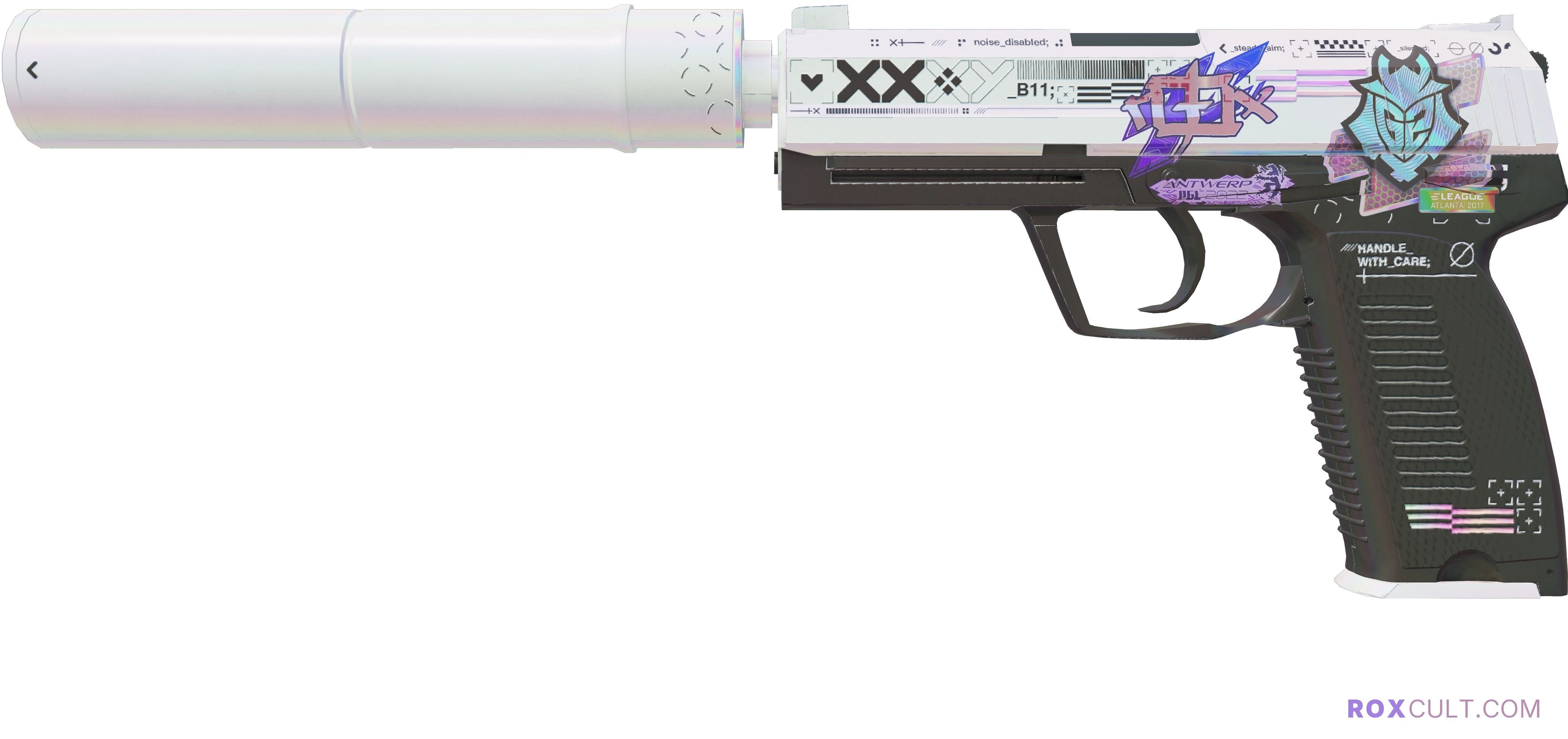 USP-S | Printstream (Factory New) — rox (Holo) Antwerp 2022 craft, playside view with 1 rox (Holo) sticker