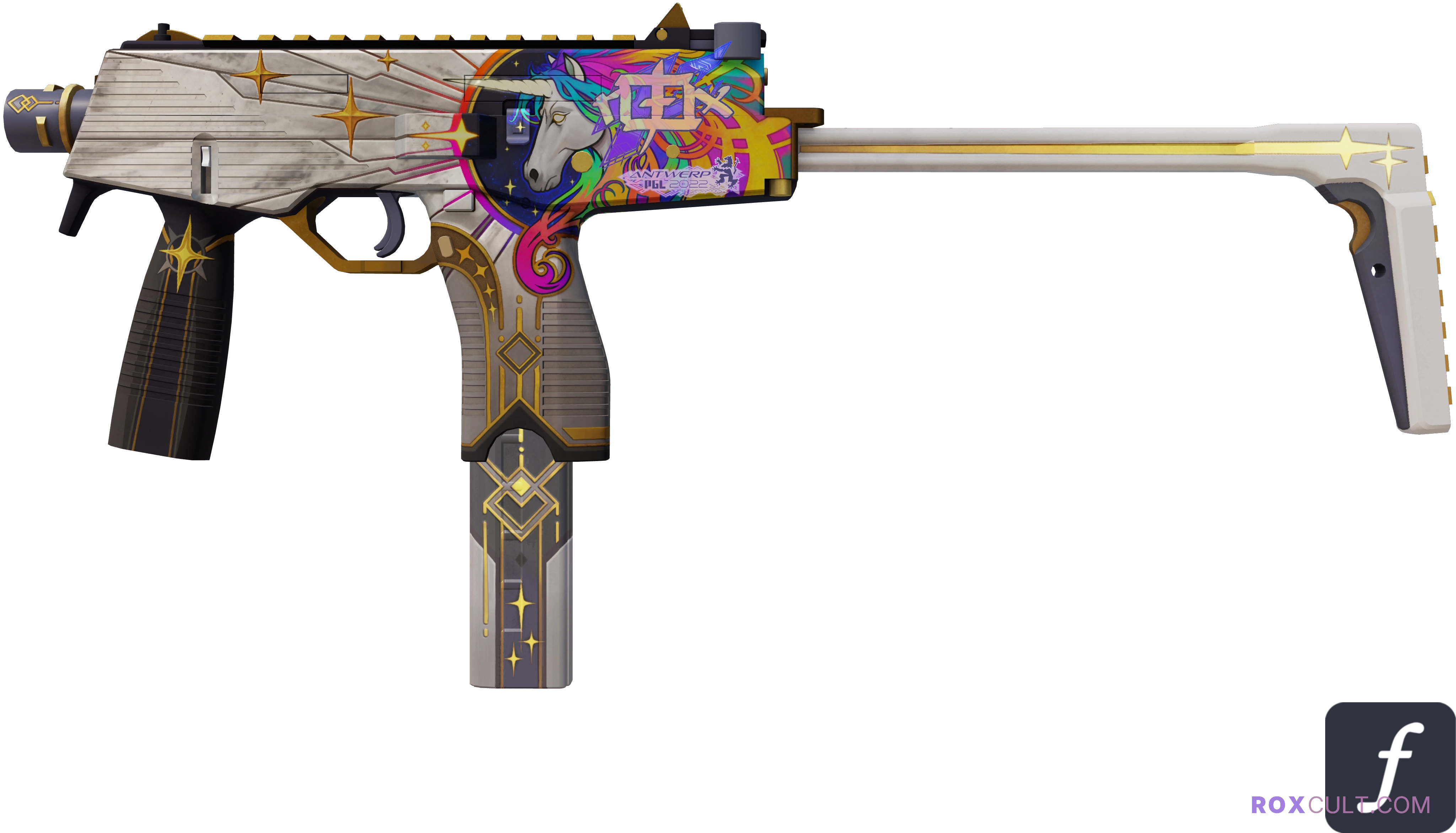 MP9 | Starlight Protector (Factory New) — rox (Holo) Antwerp 2022 craft, playside view with 1 rox (Holo) sticker