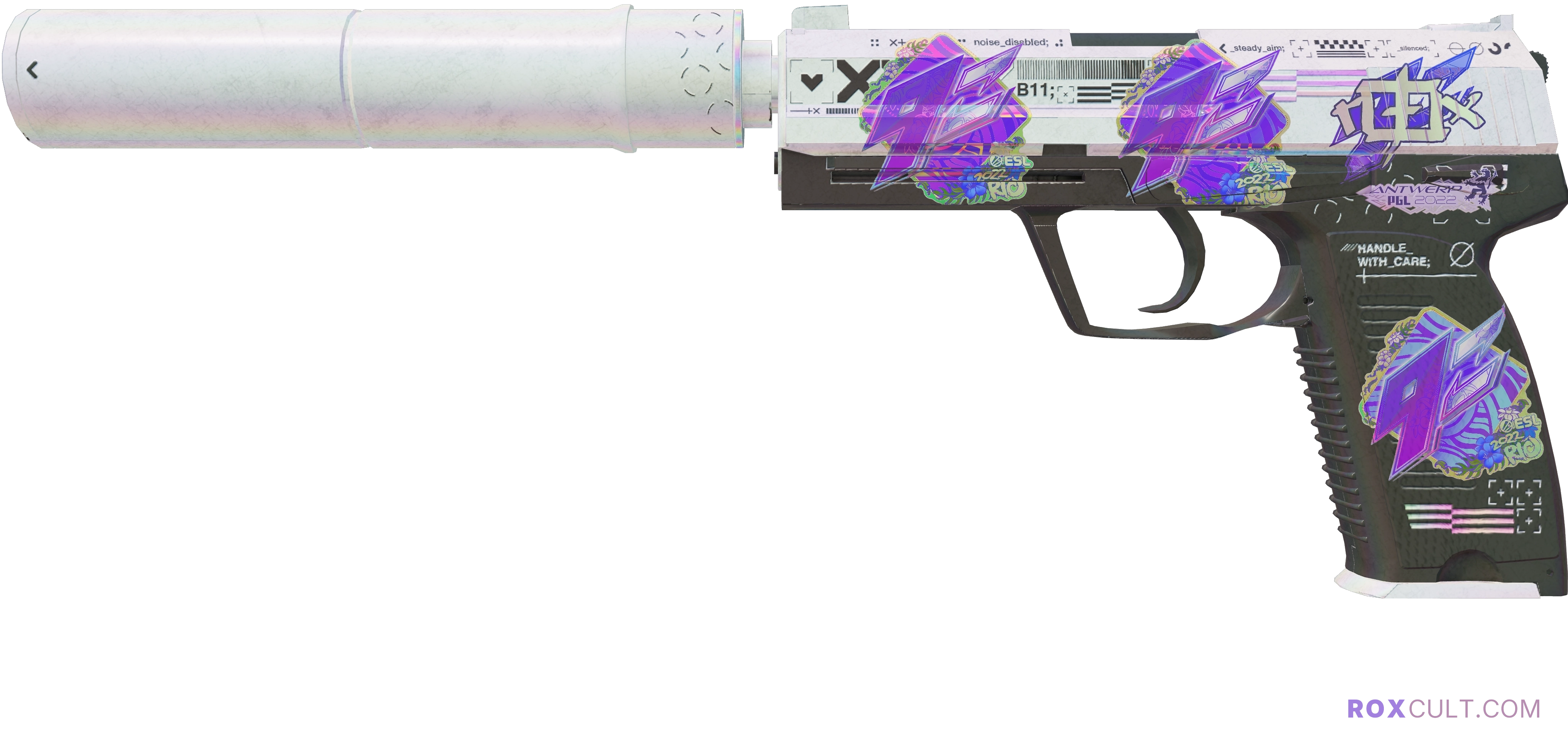 USP-S | Printstream (Well-Worn) — rox (Holo) Antwerp 2022 craft, playside view with 1 rox (Holo) sticker