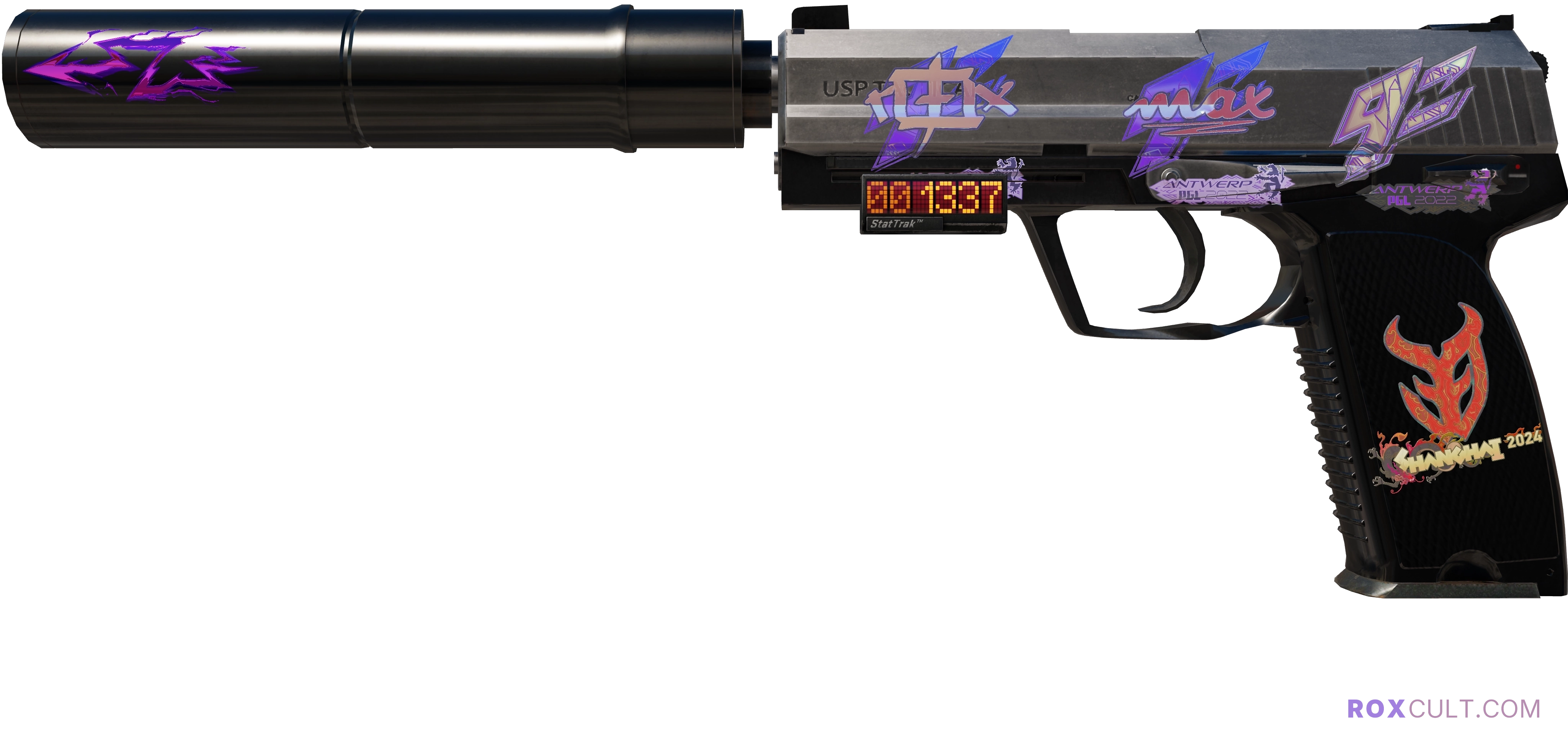 StatTrak™ USP-S | Stainless (Minimal Wear) — rox (Holo) Antwerp 2022 craft, playside view with 1 rox (Holo) sticker