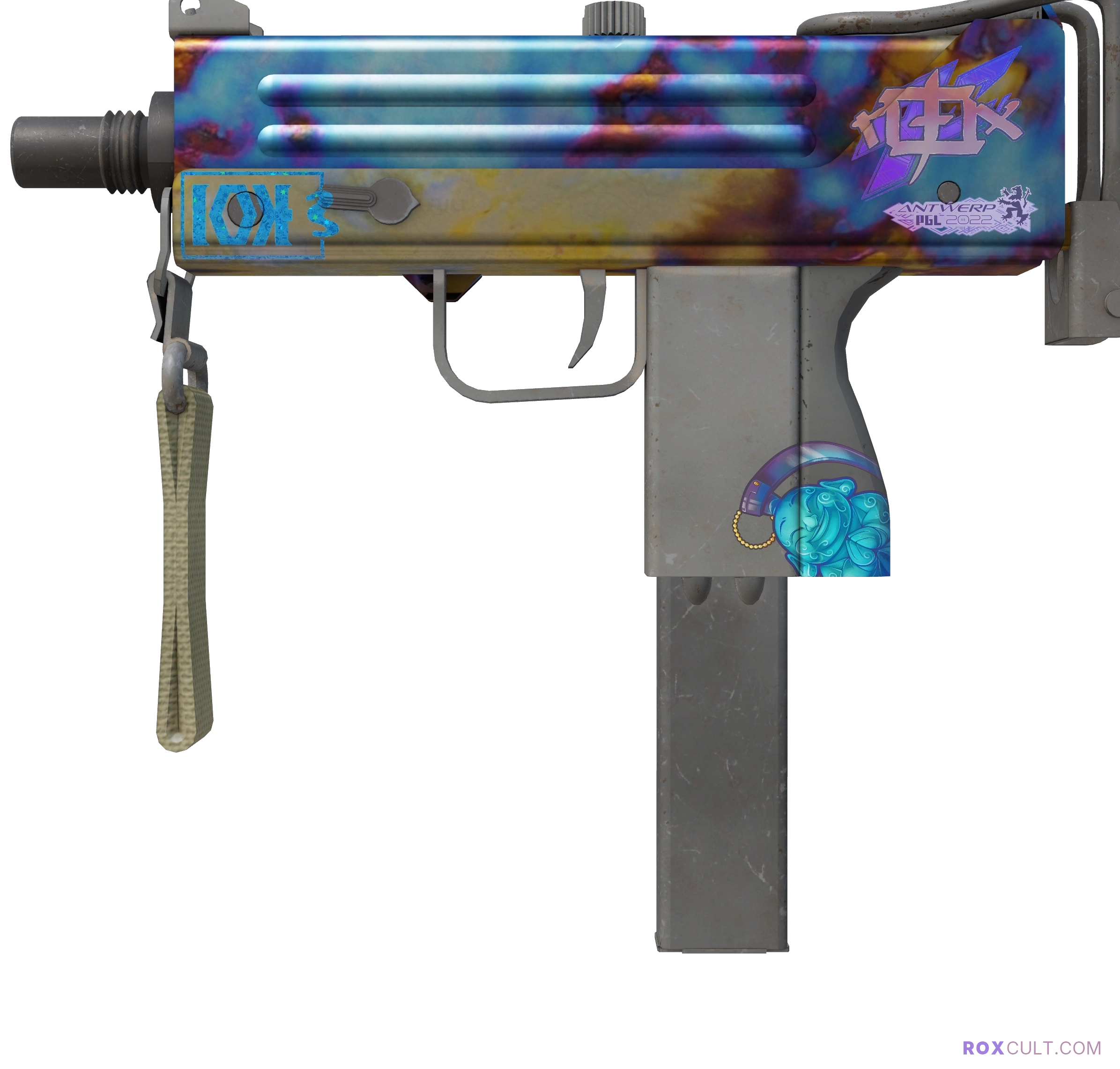 MAC-10 | Case Hardened (Minimal Wear) — rox (Holo) Antwerp 2022 craft, playside view with 1 rox (Holo) sticker