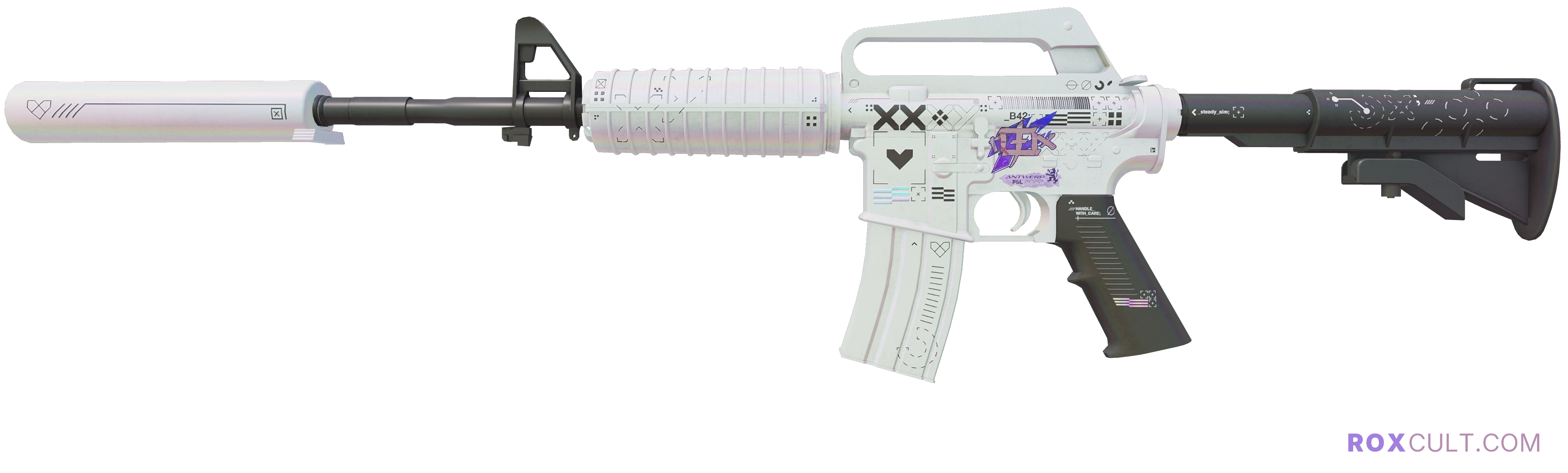 M4A1-S | Printstream (Minimal Wear) — rox (Holo) Antwerp 2022 craft, playside view with 1 rox (Holo) sticker