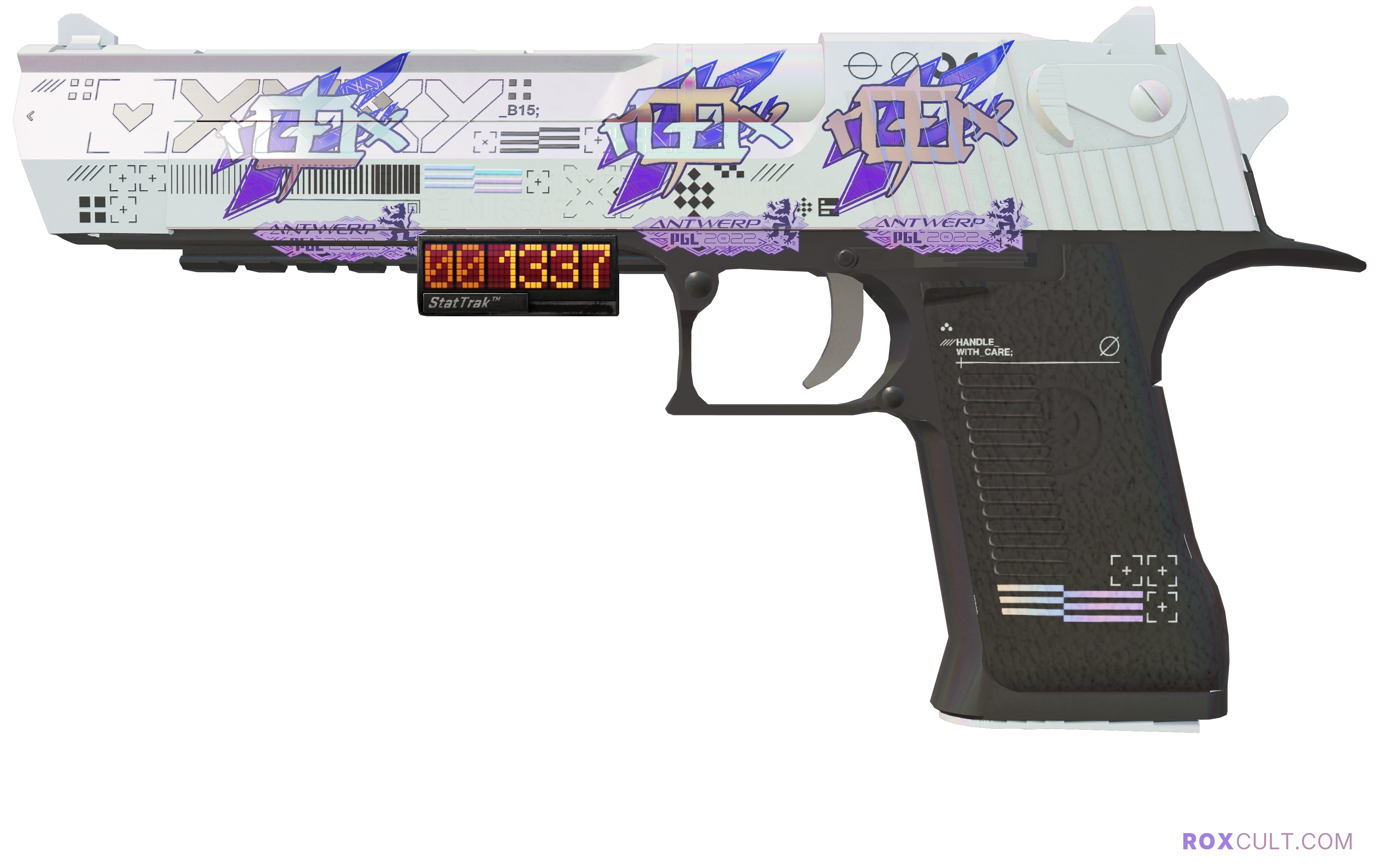 StatTrak™ Desert Eagle | Printstream (Factory New) — rox (Holo) Antwerp 2022 craft, playside view with 3 rox (Holo) stickers