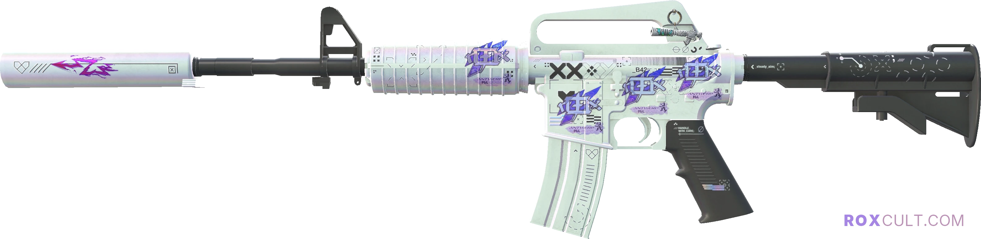 M4A1-S | Printstream (Factory New) — rox (Holo) Antwerp 2022 craft, playside view with 4 rox (Holo) stickers
