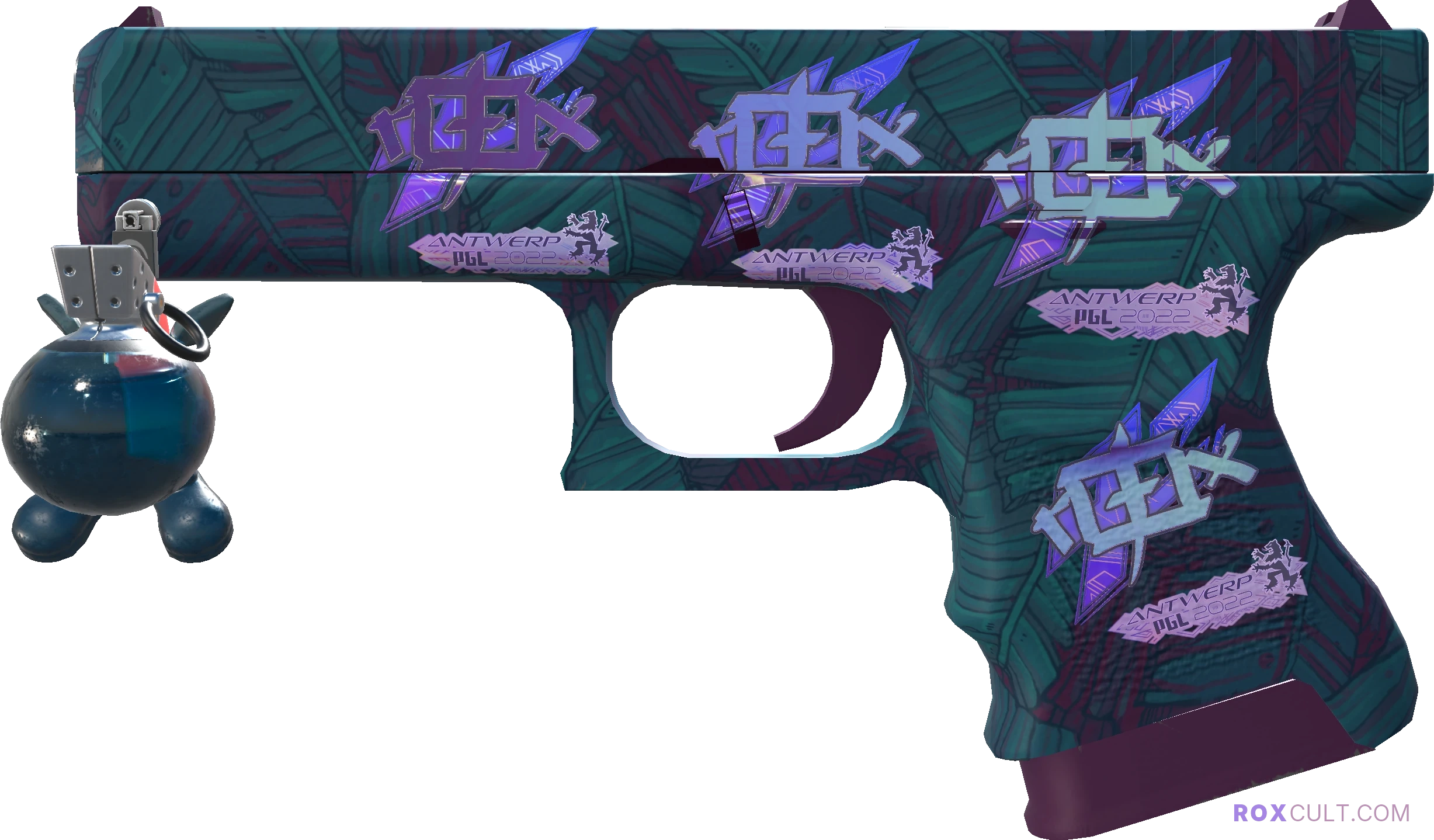 Glock-18 | Synth Leaf (Factory New) — rox (Holo) Antwerp 2022 craft, playside view with 4 rox (Holo) stickers