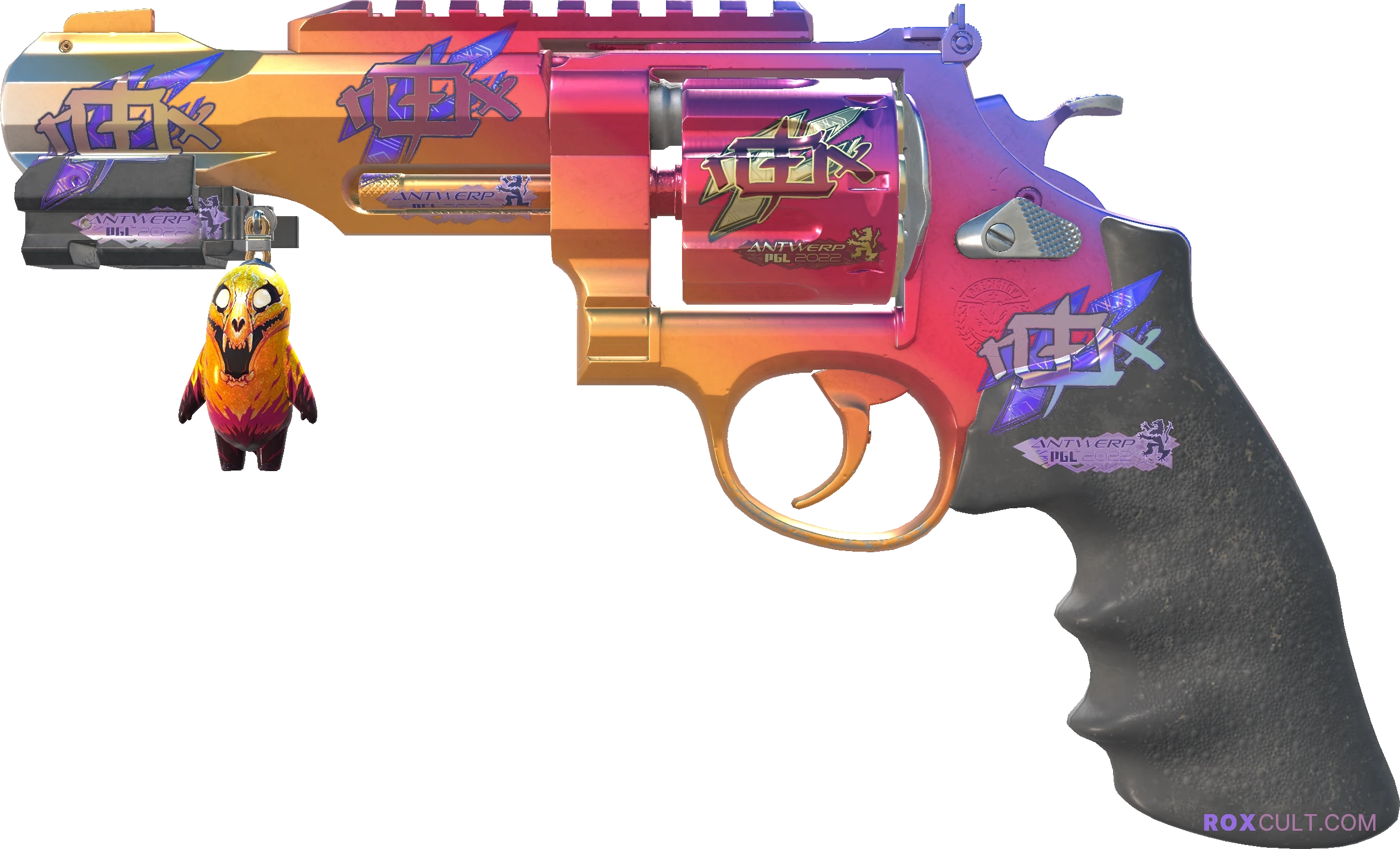 R8 Revolver | Fade (Factory New) — rox (Holo) Antwerp 2022 craft, playside view with 3 rox (Holo) stickers