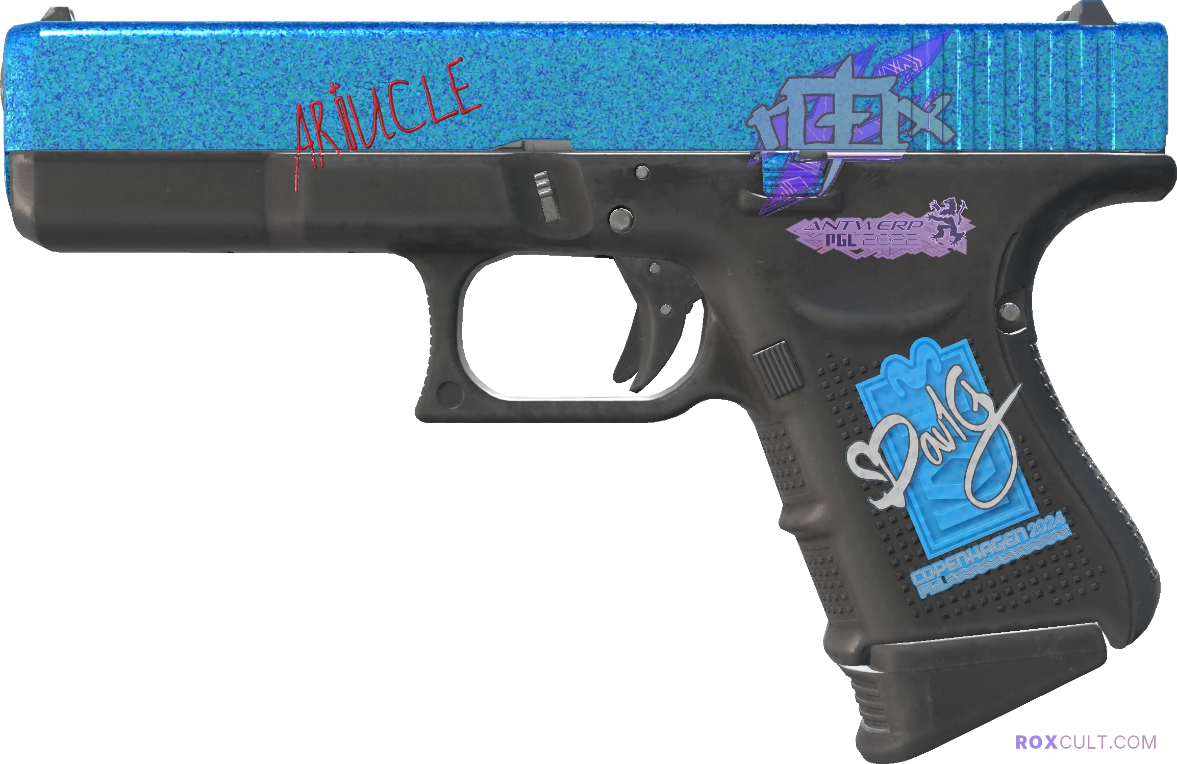 Glock-18 | Twilight Galaxy (Factory New) — rox (Holo) Antwerp 2022 craft, playside view with 1 rox (Holo) sticker