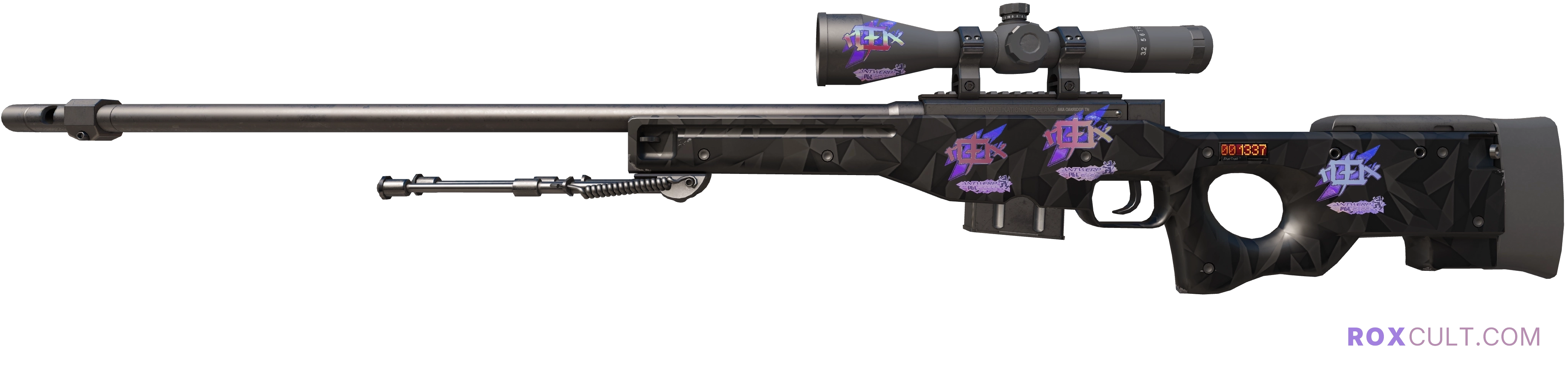 StatTrak™ AWP | Graphite (Factory New) — rox (Holo) Antwerp 2022 craft, playside view with 4 rox (Holo) stickers