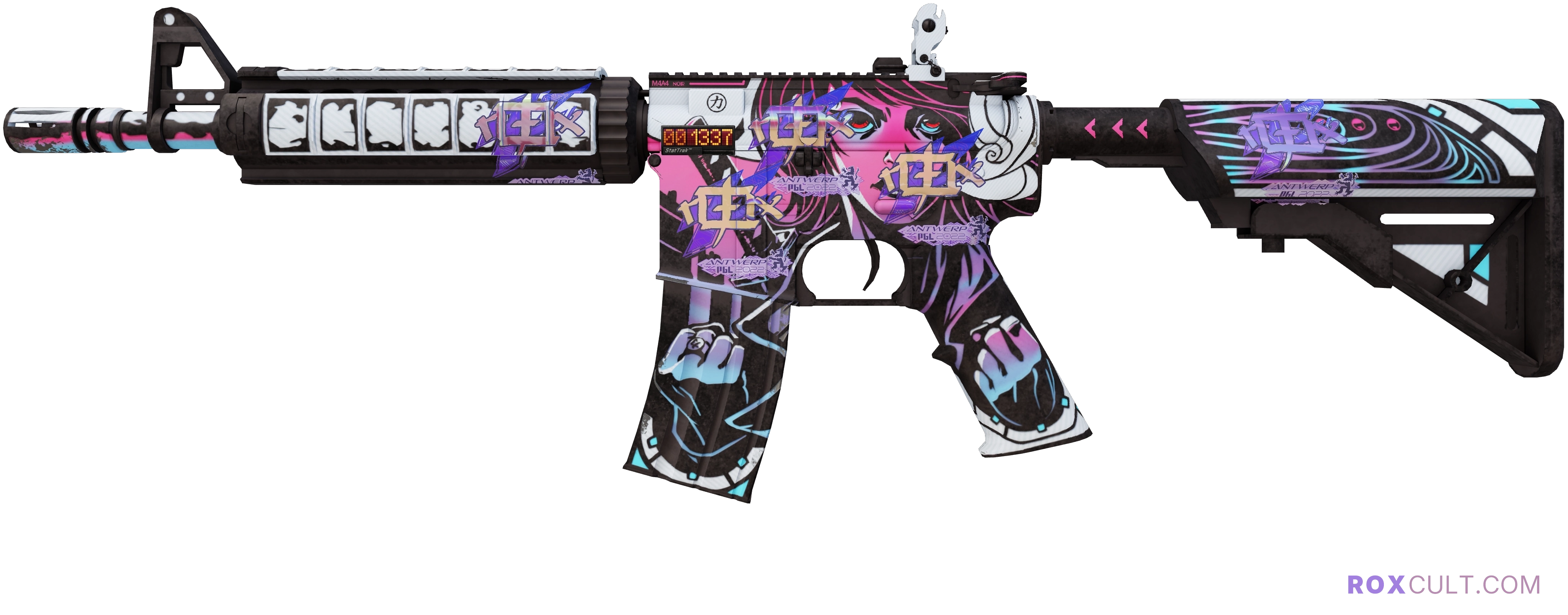 StatTrak™ M4A4 | Neo-Noir (Factory New) — rox (Holo) Antwerp 2022 craft, playside view with 5 rox (Holo) stickers