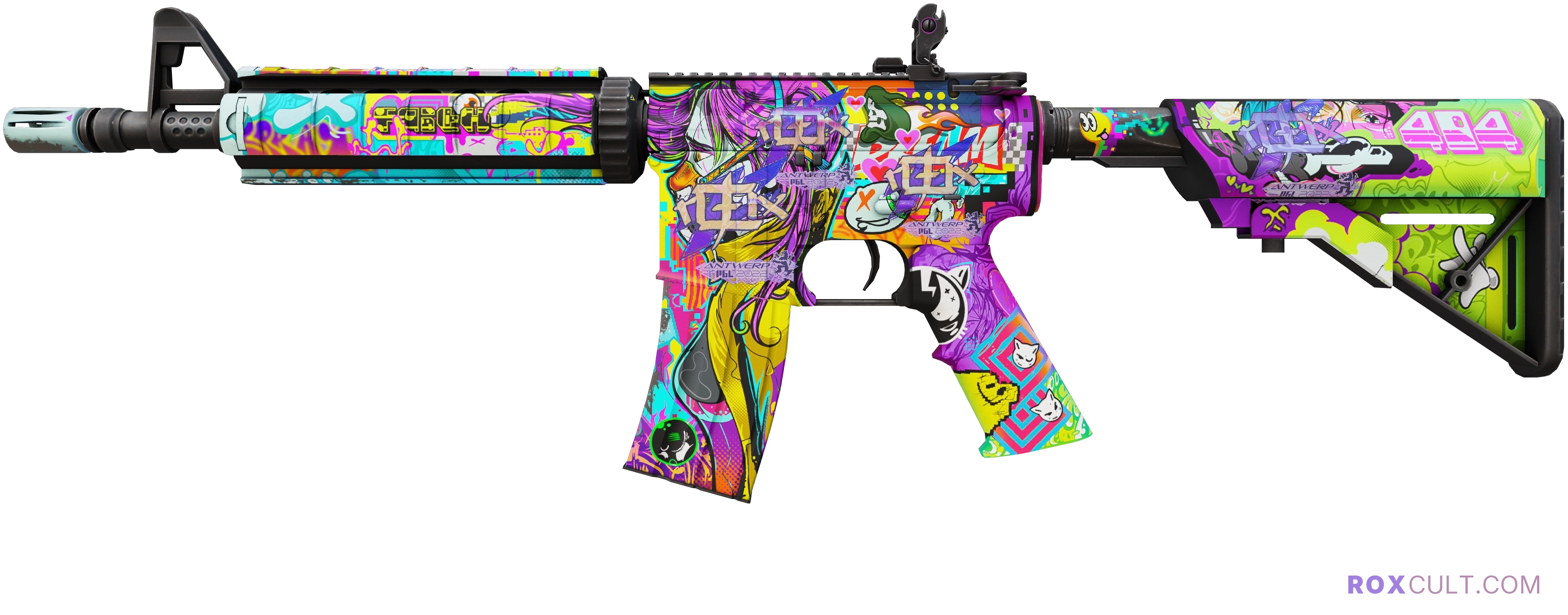M4A4 | In Living Color (Factory New) — rox (Holo) Antwerp 2022 craft, playside view with 4 rox (Holo) stickers