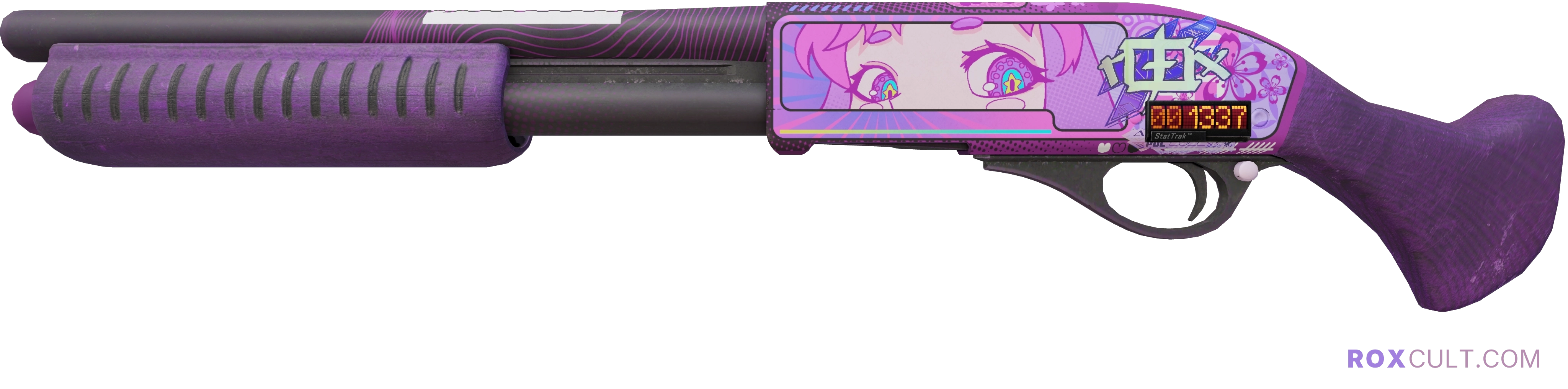 StatTrak™ Sawed-Off | Kiss♥Love (Factory New) — rox (Holo) Antwerp 2022 craft, playside view with 1 rox (Holo) sticker