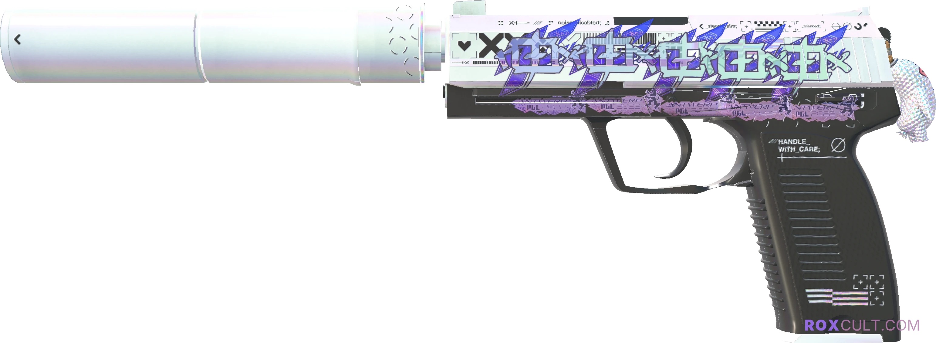 USP-S | Printstream (Factory New) — rox (Holo) Antwerp 2022 craft, playside view with 5 rox (Holo) stickers