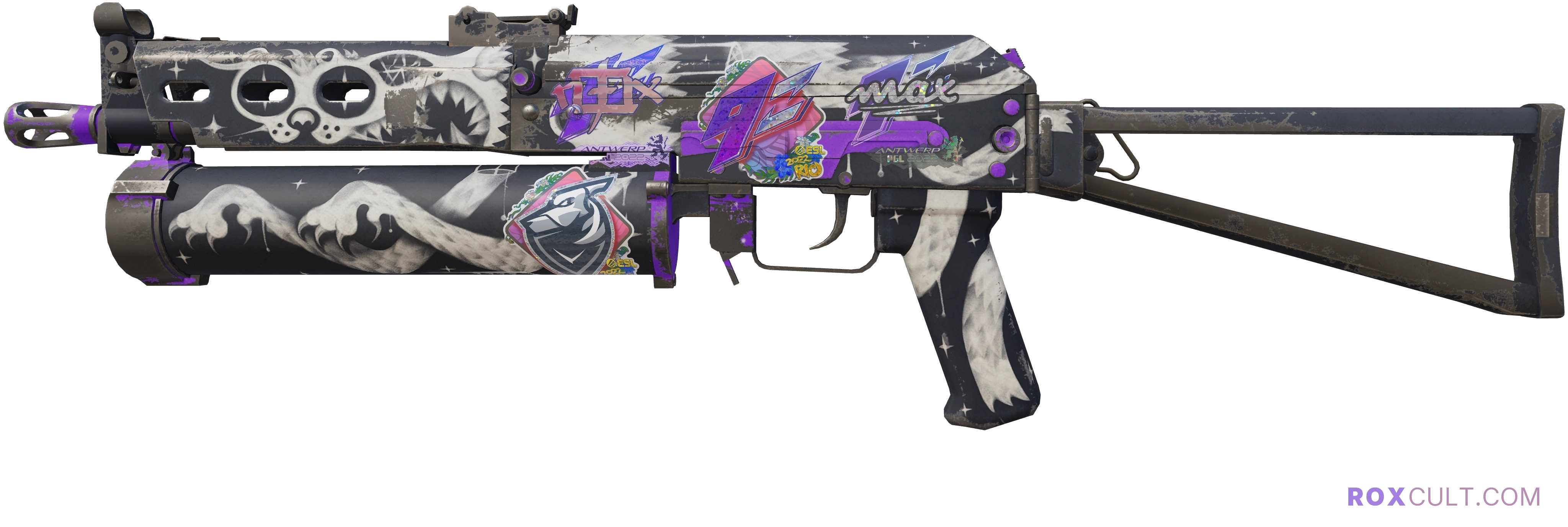 PP-Bizon | Space Cat (Field-Tested) — rox (Holo) Antwerp 2022 craft, playside view with 1 rox (Holo) sticker