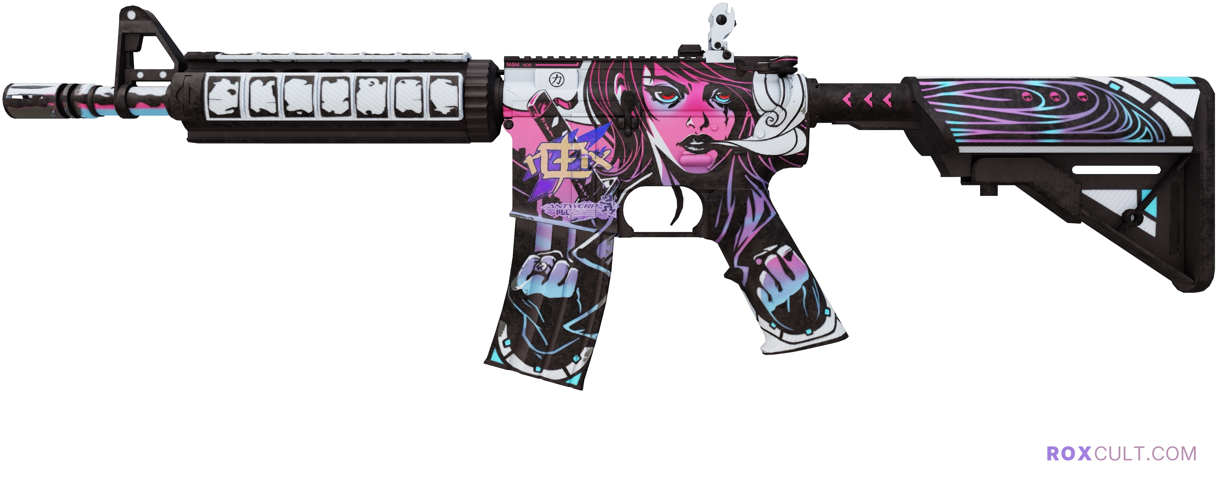 M4A4 | Neo-Noir (Factory New) — rox (Holo) Antwerp 2022 craft, playside view with 1 rox (Holo) sticker