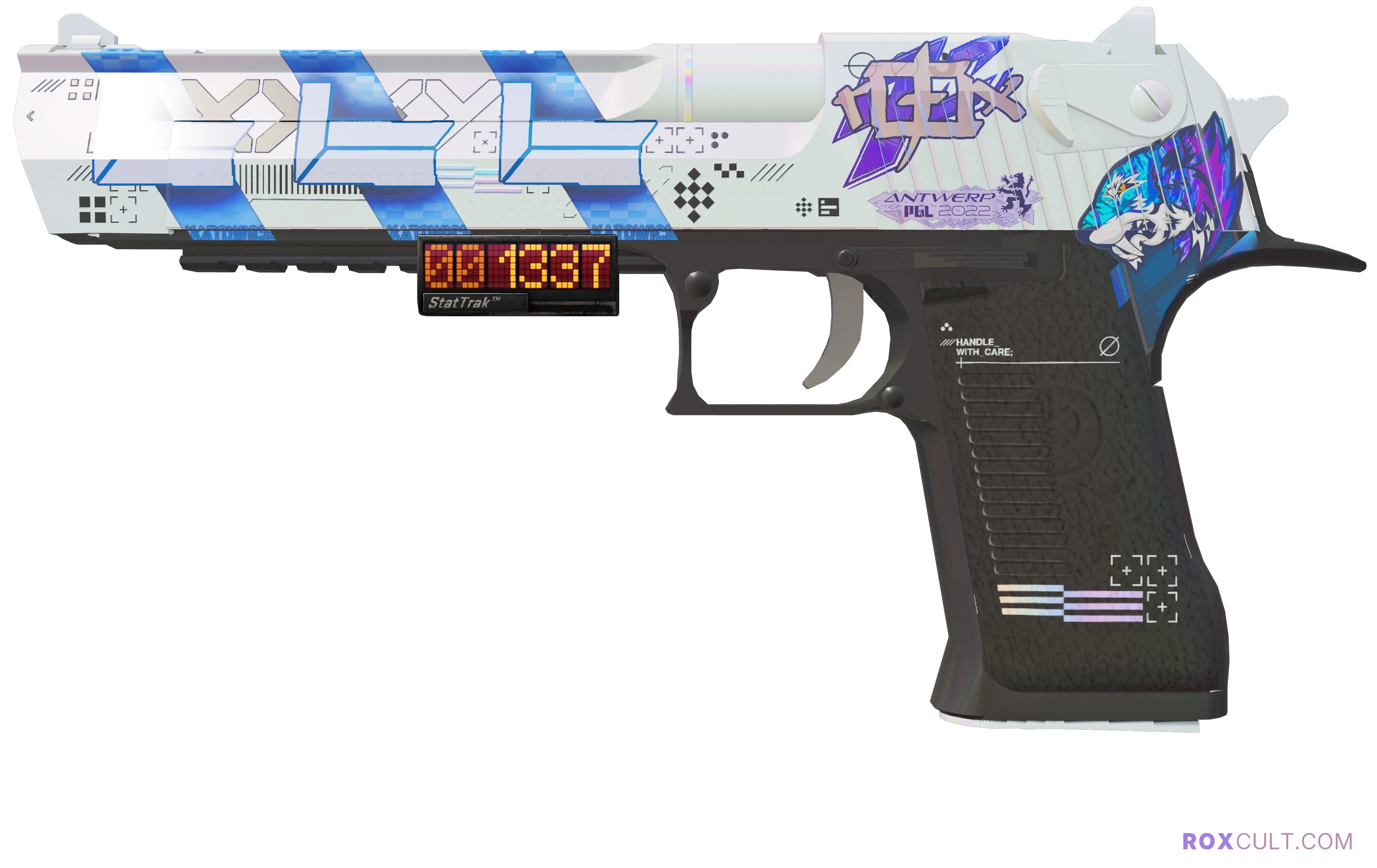 StatTrak™ Desert Eagle | Printstream (Factory New) — rox (Holo) Antwerp 2022 craft, playside view with 1 rox (Holo) sticker