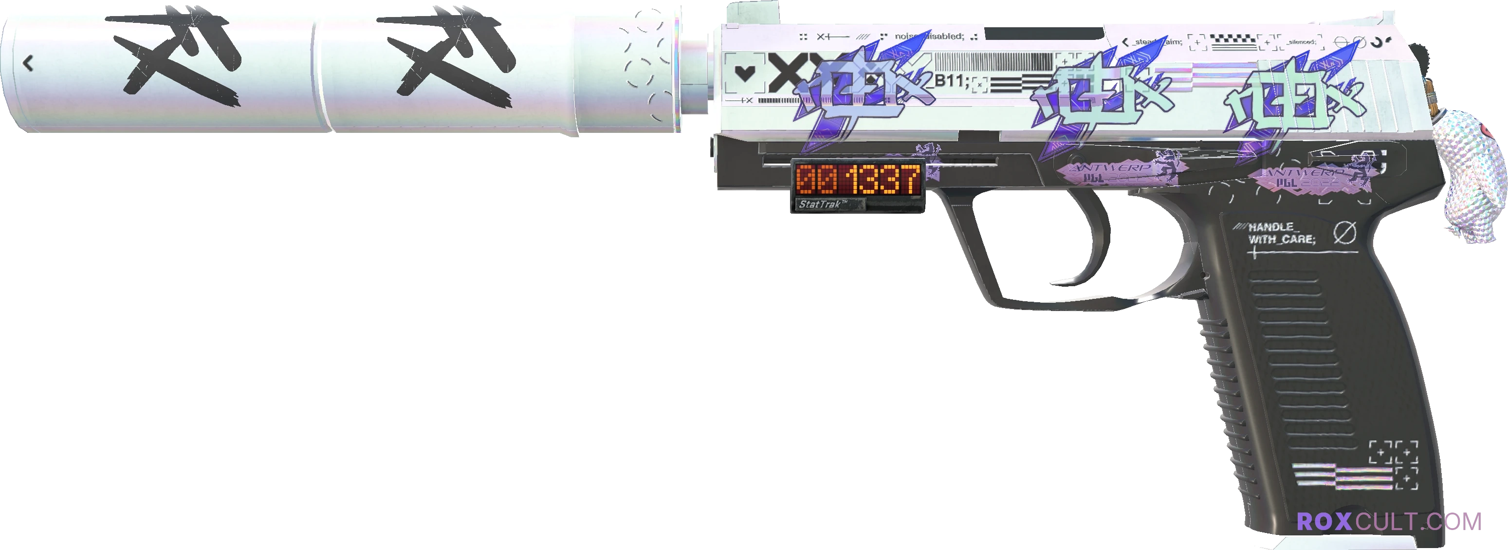 StatTrak™ USP-S | Printstream (Factory New) — rox (Holo) Antwerp 2022 craft, playside view with 3 rox (Holo) stickers