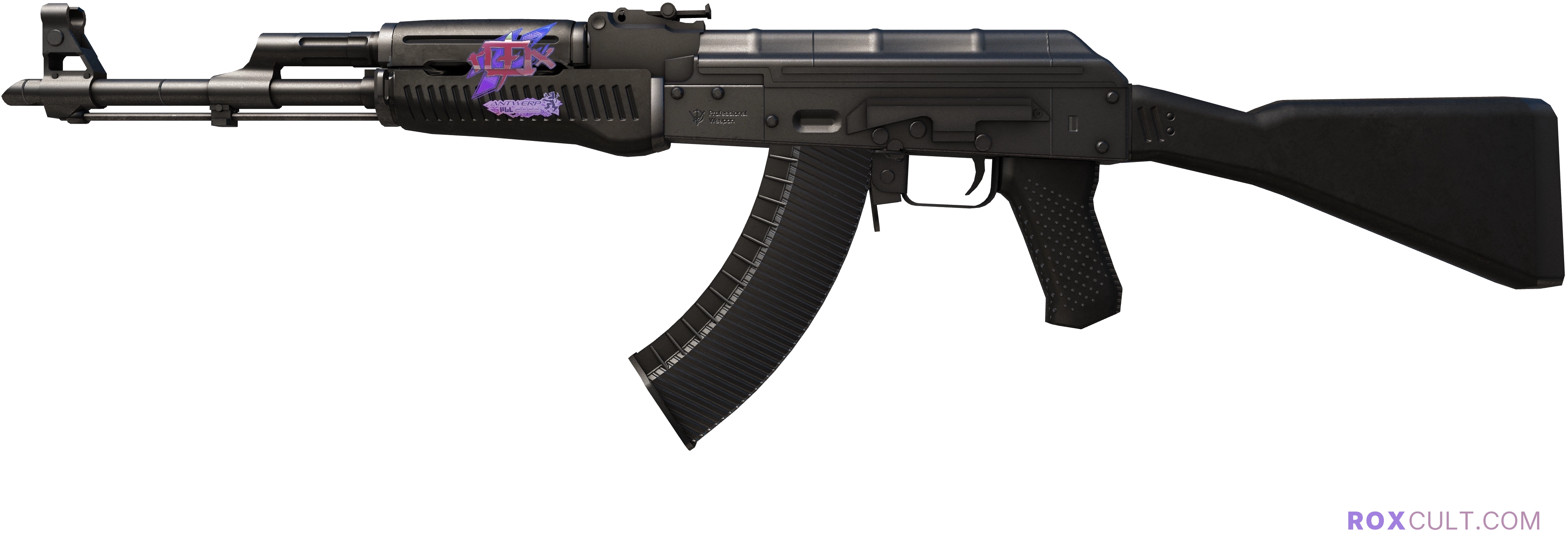 AK-47 | Slate (Factory New) — rox (Holo) Antwerp 2022 craft, playside view with 1 rox (Holo) sticker