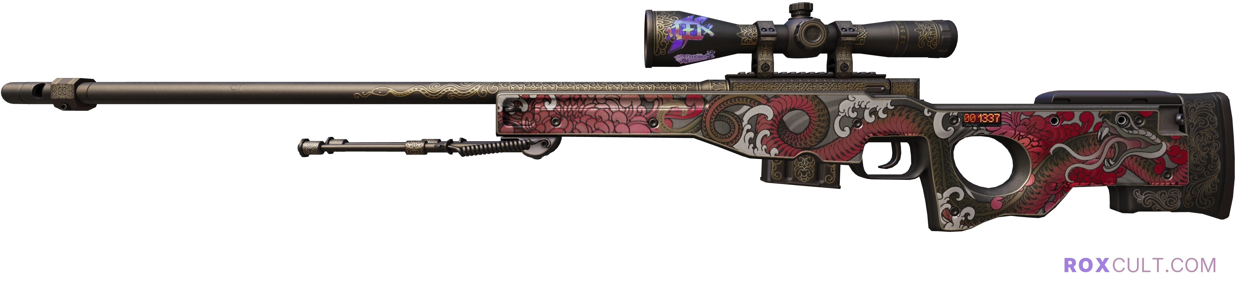 StatTrak™ AWP | Duality (Minimal Wear) — rox (Holo) Antwerp 2022 craft, playside view with 1 rox (Holo) sticker