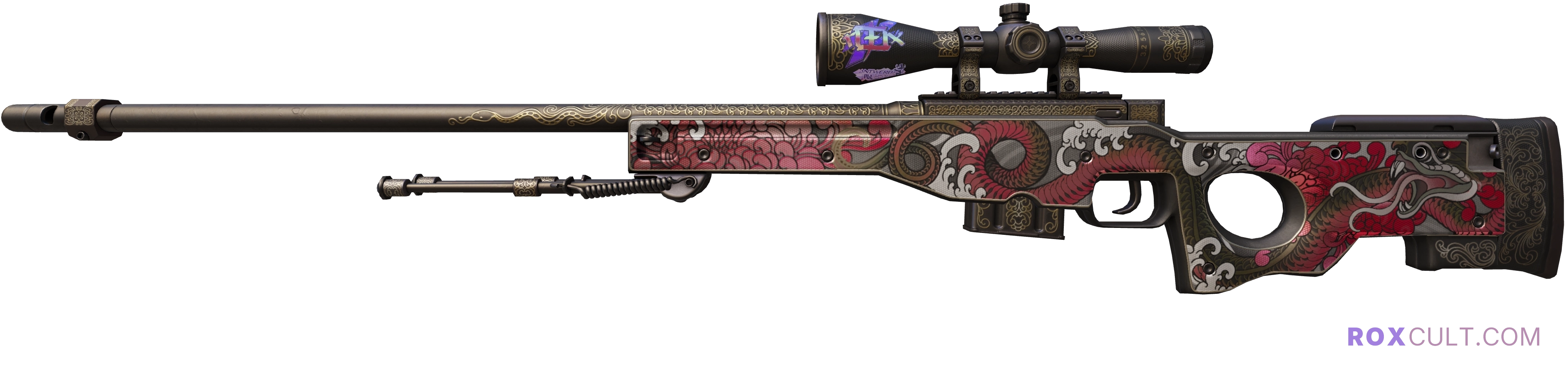 AWP | Duality (Factory New) — rox (Holo) Antwerp 2022 craft, playside view with 1 rox (Holo) sticker