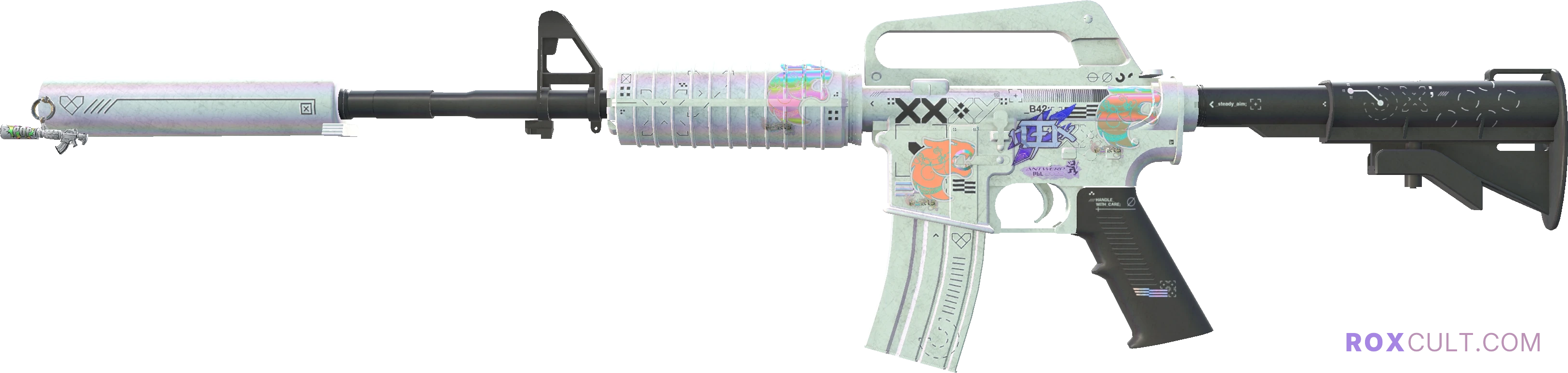 M4A1-S | Printstream (Field-Tested) — rox (Holo) Antwerp 2022 craft, playside view with 1 rox (Holo) sticker