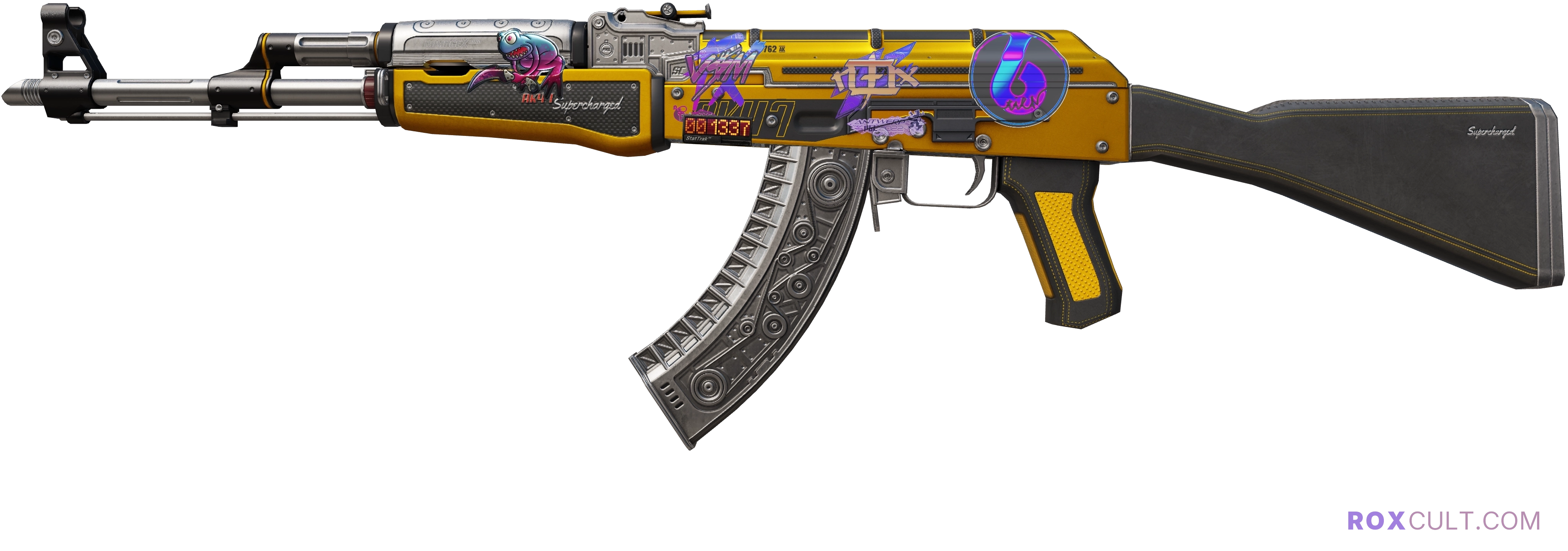 StatTrak™ AK-47 | Fuel Injector (Minimal Wear) — rox (Holo) Antwerp 2022 craft, playside view with 1 rox (Holo) sticker