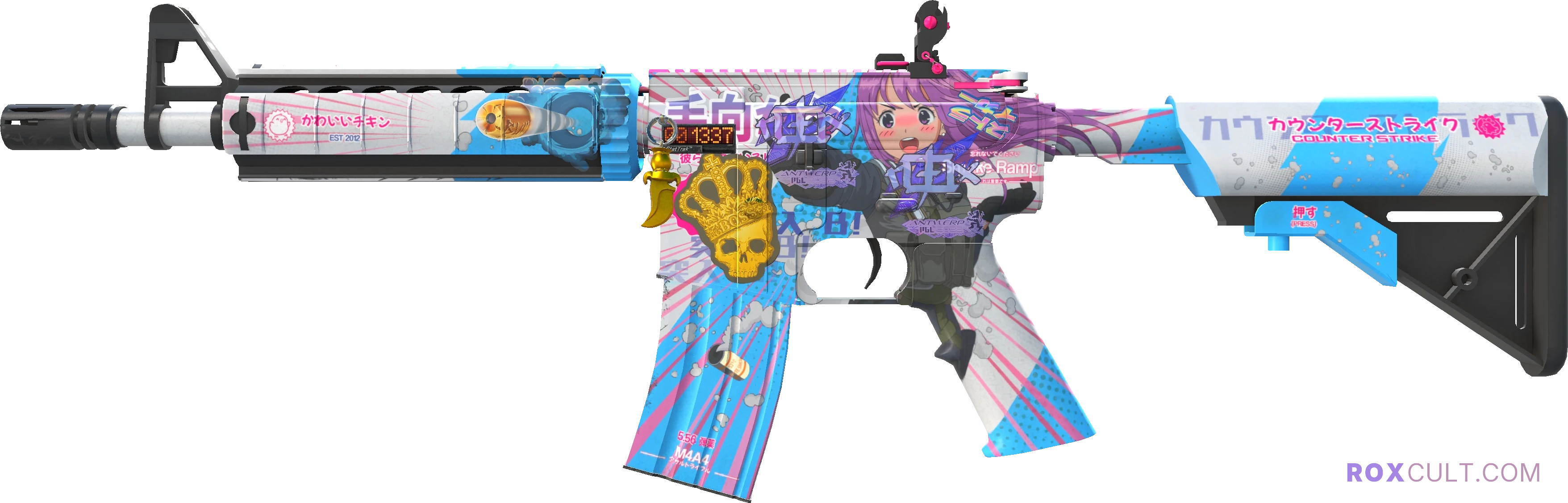 StatTrak™ M4A4 | Temukau (Factory New) — rox (Holo) Antwerp 2022 craft, playside view with 2 rox (Holo) stickers