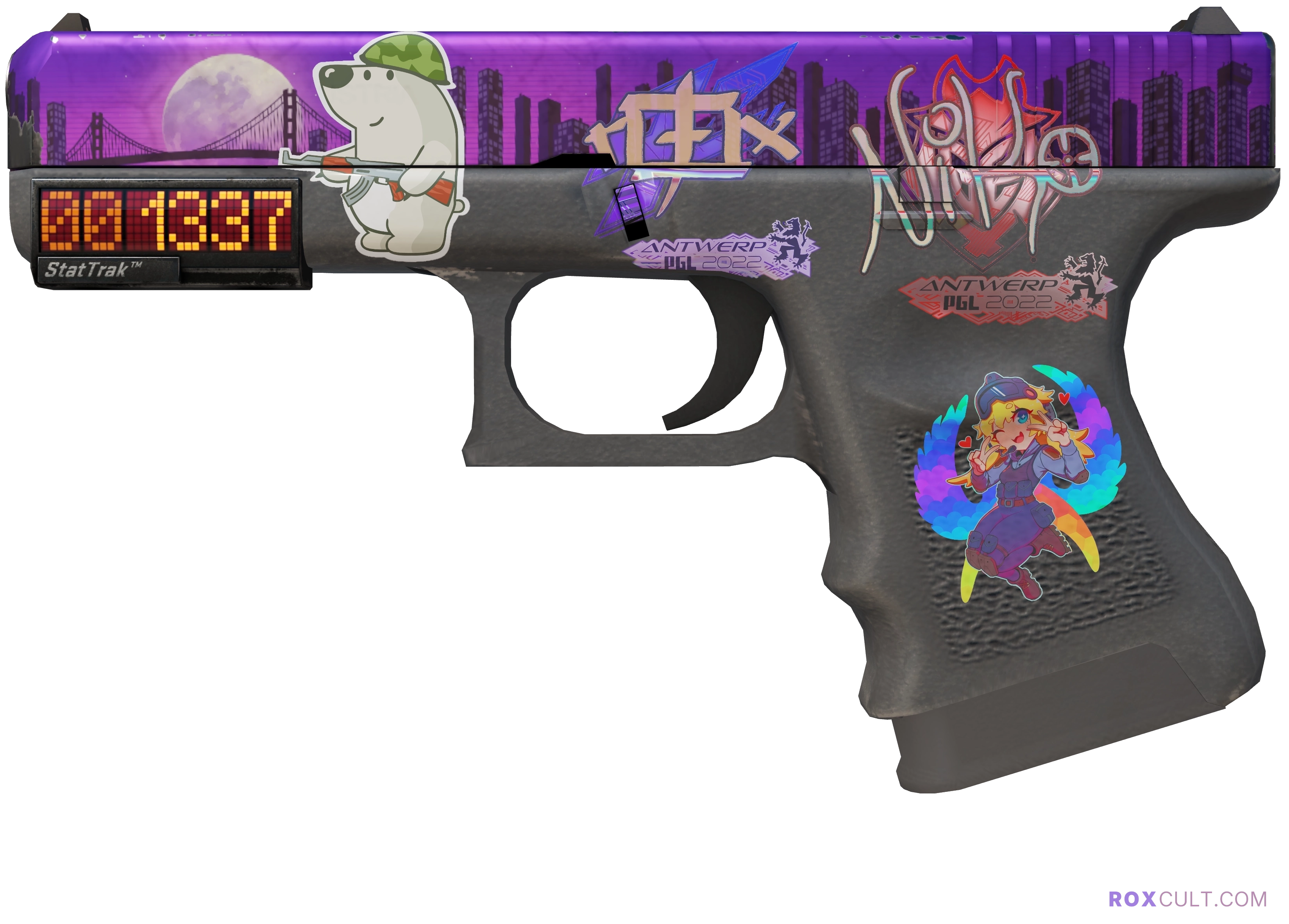 StatTrak™ Glock-18 | Moonrise (Field-Tested) — rox (Holo) Antwerp 2022 craft, playside view with 1 rox (Holo) sticker
