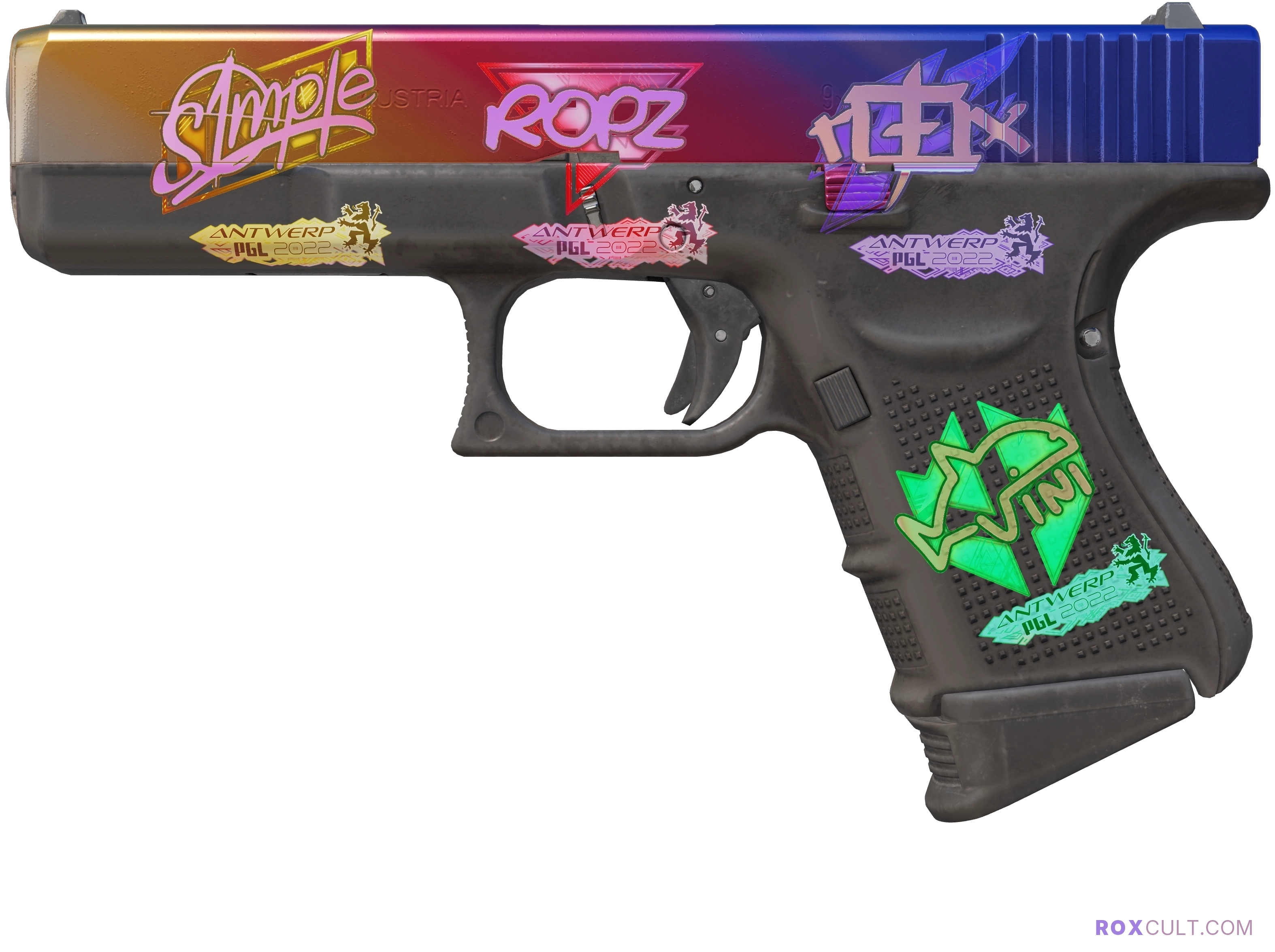 Glock-18 | Fade (Factory New) — rox (Holo) Antwerp 2022 craft, playside view with 1 rox (Holo) sticker