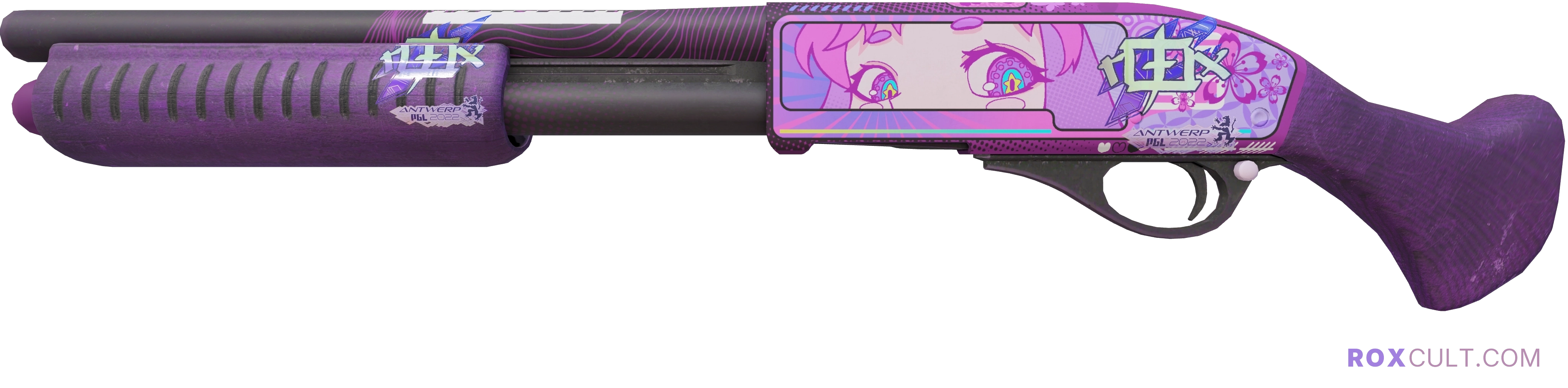 Sawed-Off | Kiss♥Love (Factory New) — rox (Holo) Antwerp 2022 craft, playside view with 2 rox (Holo) stickers