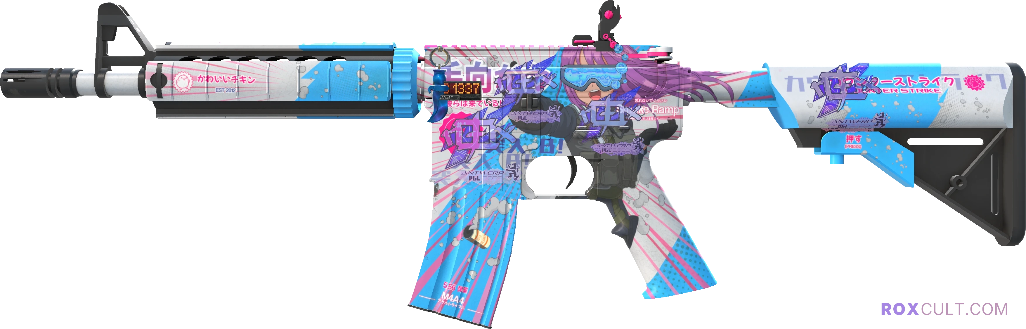 StatTrak™ M4A4 | Temukau (Factory New) — rox (Holo) Antwerp 2022 craft, playside view with 4 rox (Holo) stickers