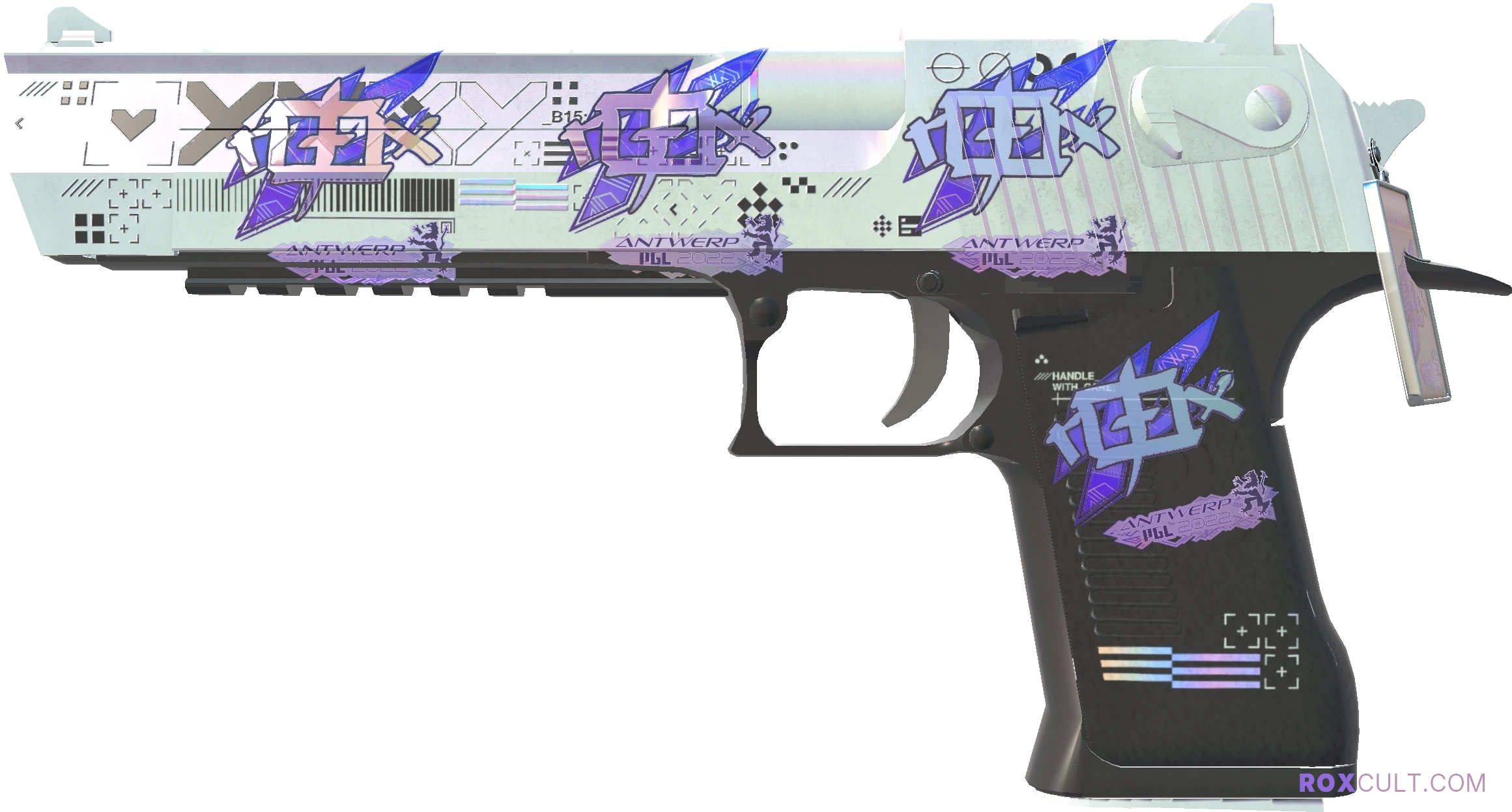 Desert Eagle | Printstream (Minimal Wear) — rox (Holo) Antwerp 2022 craft, playside view with 4 rox (Holo) stickers