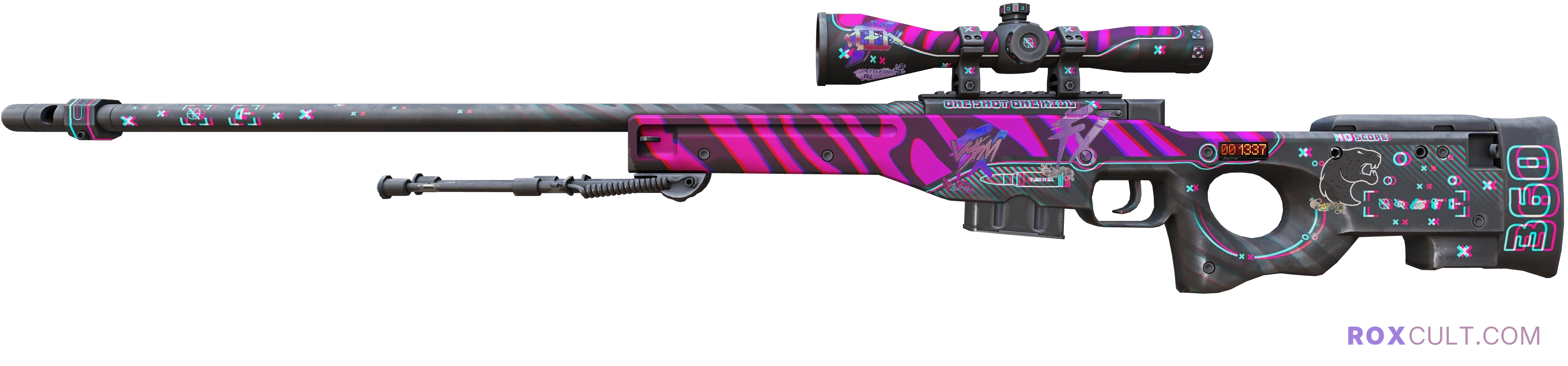StatTrak™ AWP | Chromatic Aberration (Minimal Wear) — rox (Holo) Antwerp 2022 craft, playside view with 1 rox (Holo) sticker