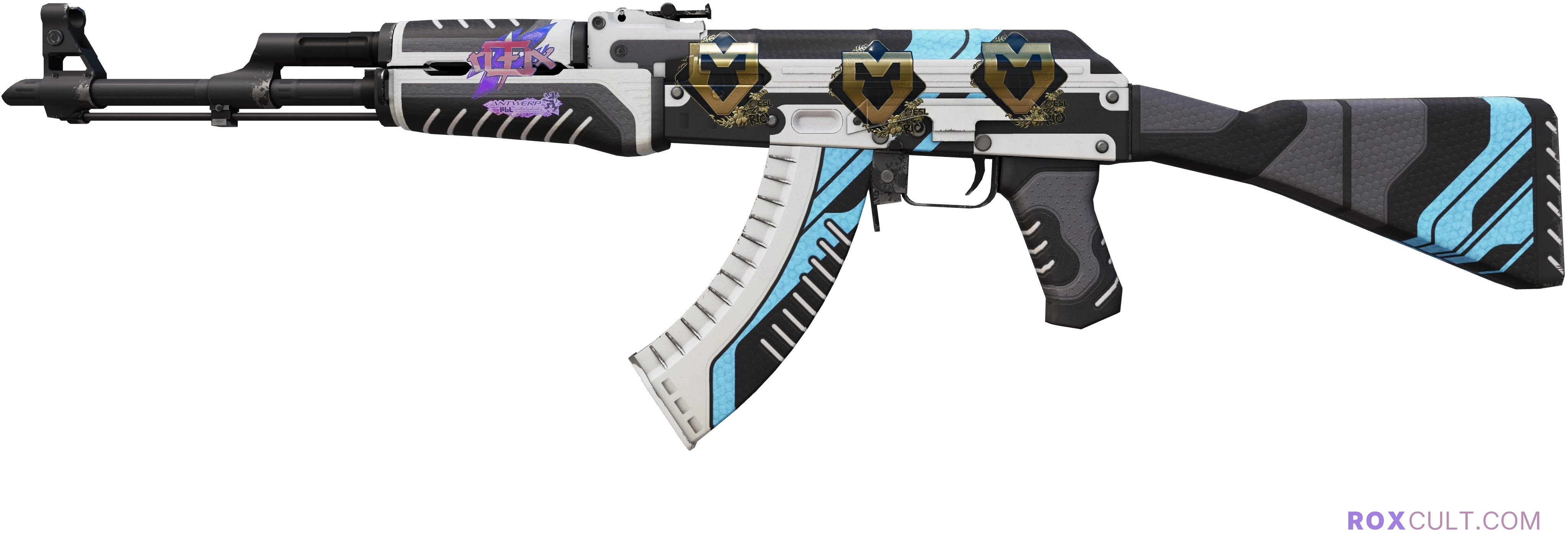 AK-47 | Vulcan (Factory New) — rox (Holo) Antwerp 2022 craft, playside view with 1 rox (Holo) sticker
