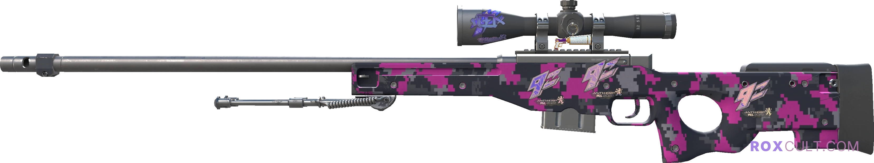 AWP | Pink DDPAT (Factory New) — rox (Holo) Antwerp 2022 craft, playside view with 1 rox (Holo) sticker