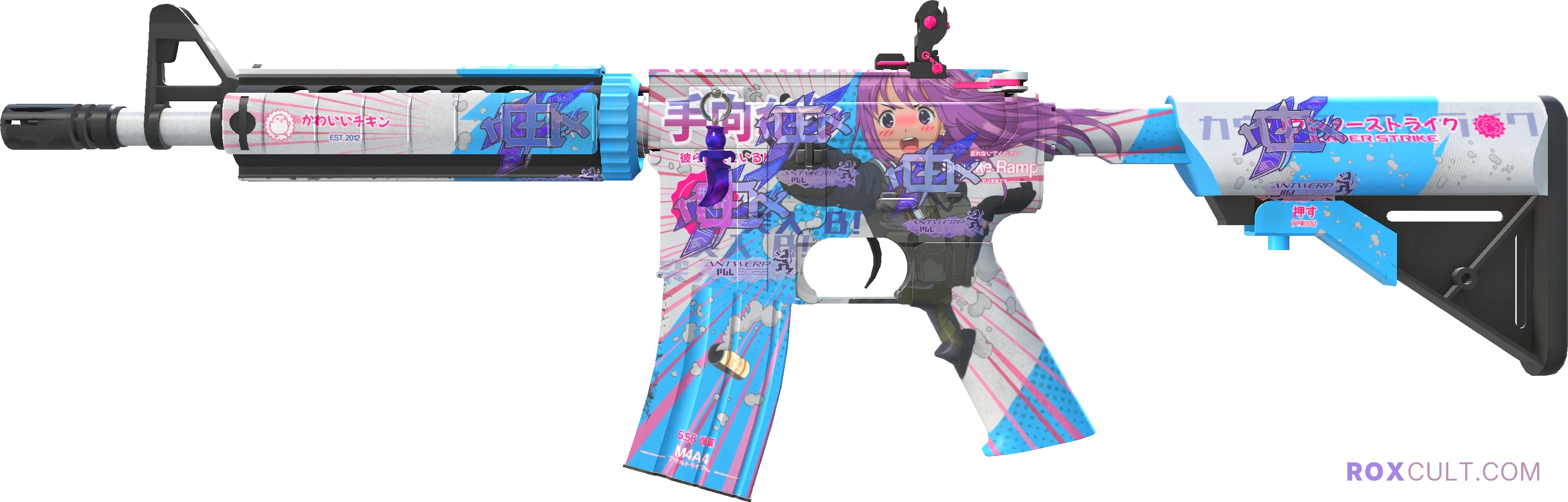 M4A4 | Temukau (Minimal Wear) — rox (Holo) Antwerp 2022 craft, playside view with 5 rox (Holo) stickers
