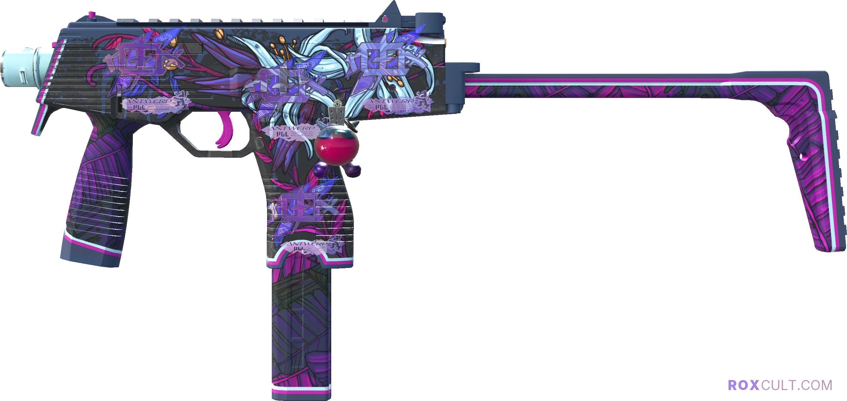 MP9 | Wild Lily (Factory New) — rox (Holo) Antwerp 2022 craft, playside view with 4 rox (Holo) stickers