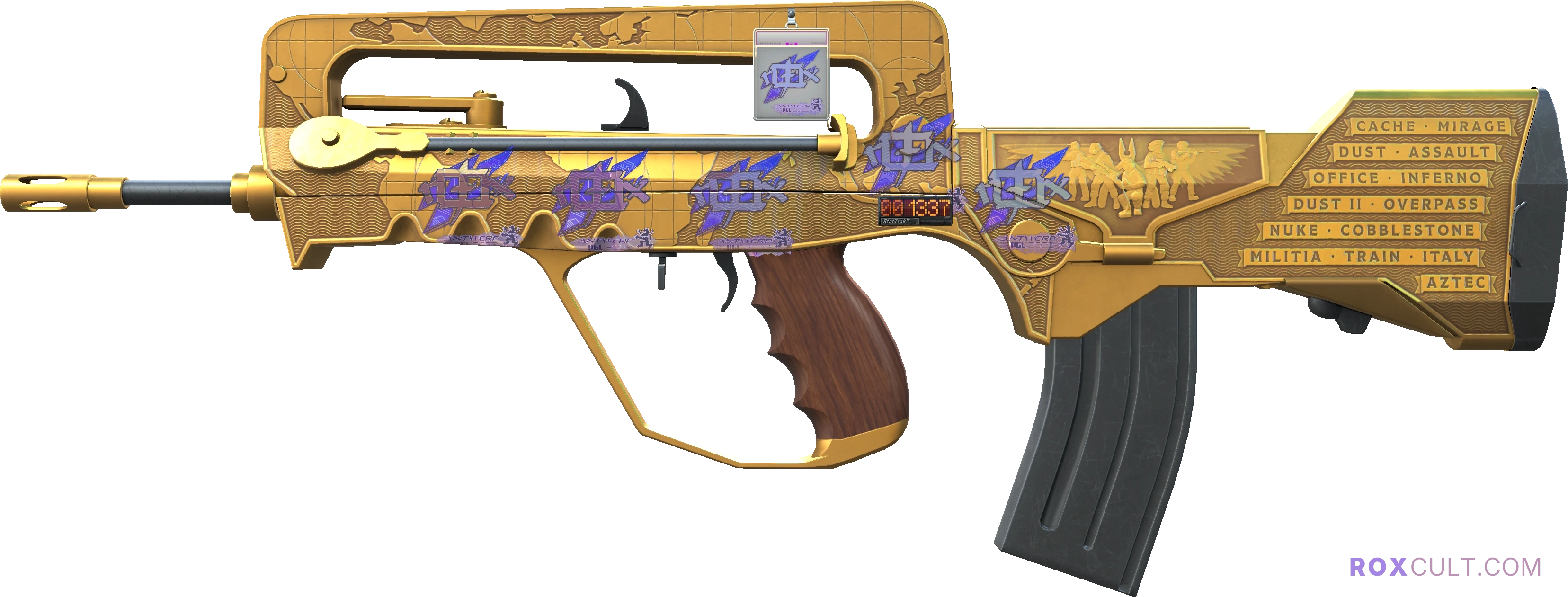 StatTrak™ FAMAS | Commemoration (Factory New) — rox (Holo) Antwerp 2022 craft, playside view with 5 rox (Holo) stickers