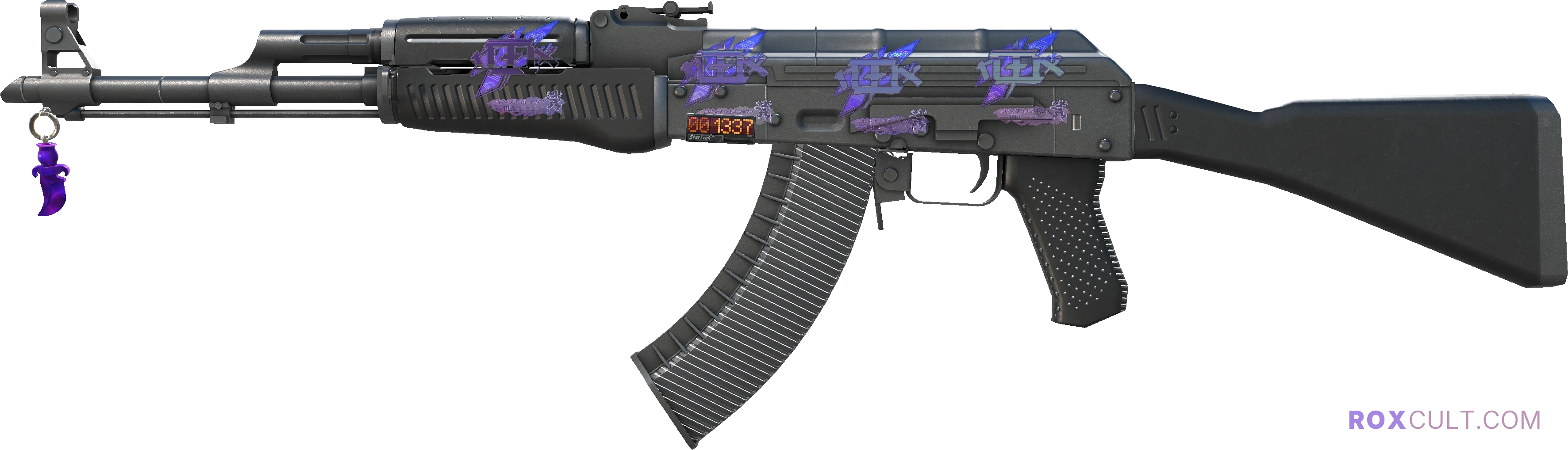 StatTrak™ AK-47 | Slate (Factory New) — rox (Holo) Antwerp 2022 craft, playside view with 4 rox (Holo) stickers