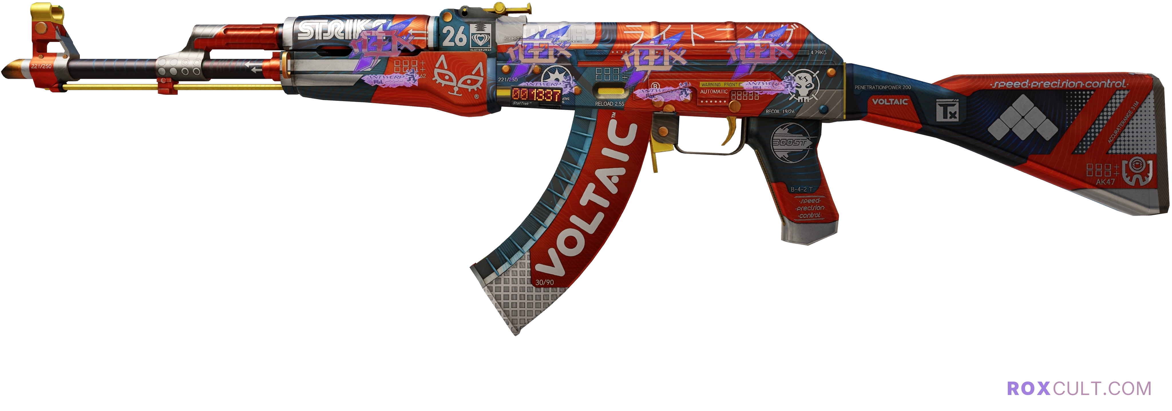 StatTrak™ AK-47 | Bloodsport (Factory New) — rox (Holo) Antwerp 2022 craft, playside view with 4 rox (Holo) stickers