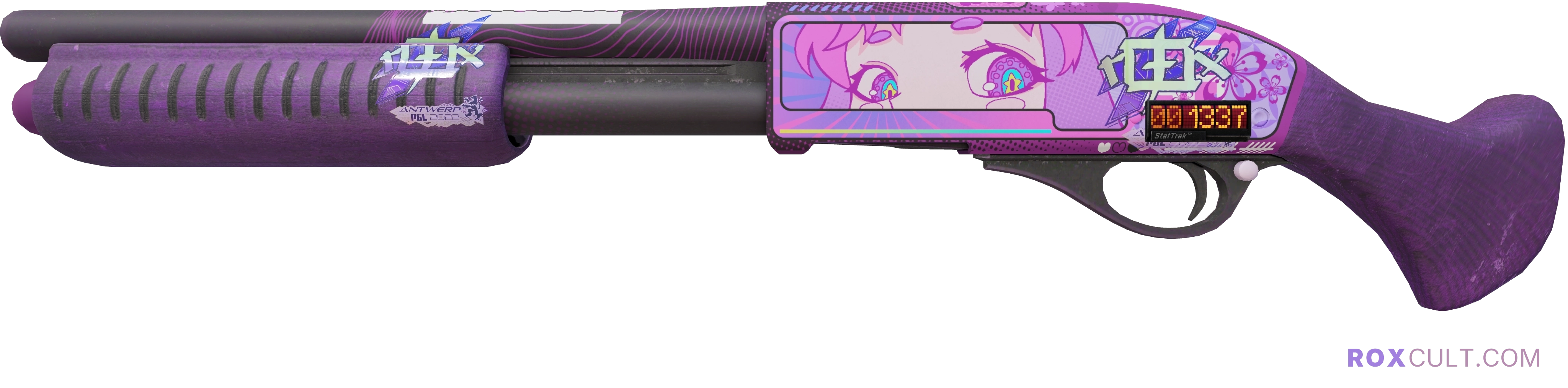 StatTrak™ Sawed-Off | Kiss♥Love (Factory New) — rox (Holo) Antwerp 2022 craft, playside view with 2 rox (Holo) stickers