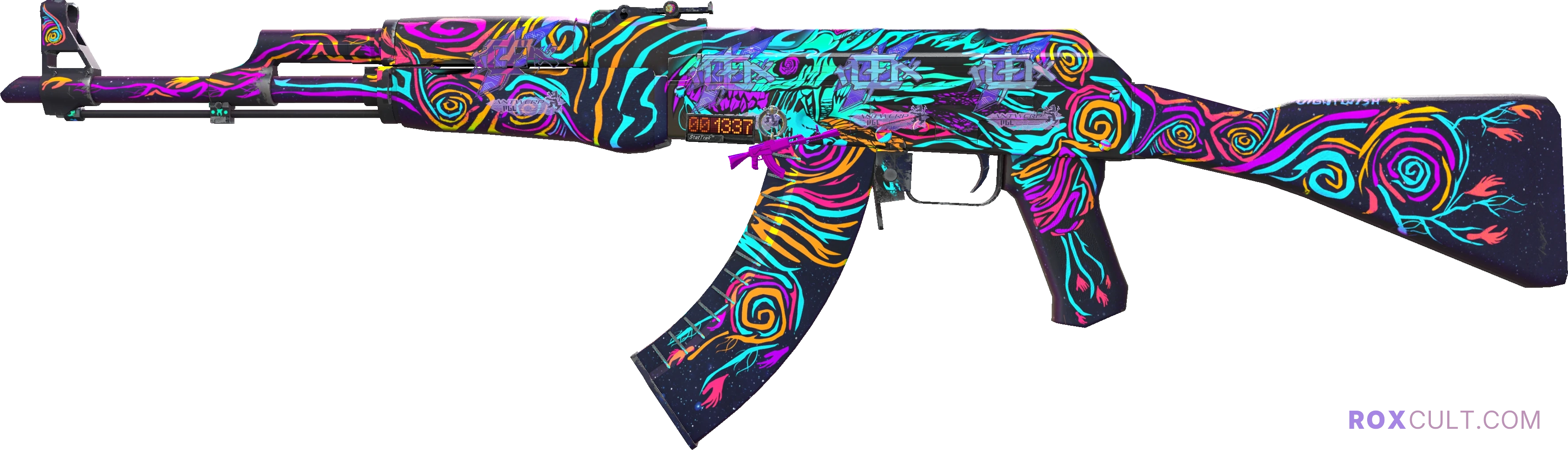 StatTrak™ AK-47 | Nightwish (Factory New) — rox (Holo) Antwerp 2022 craft, playside view with 4 rox (Holo) stickers