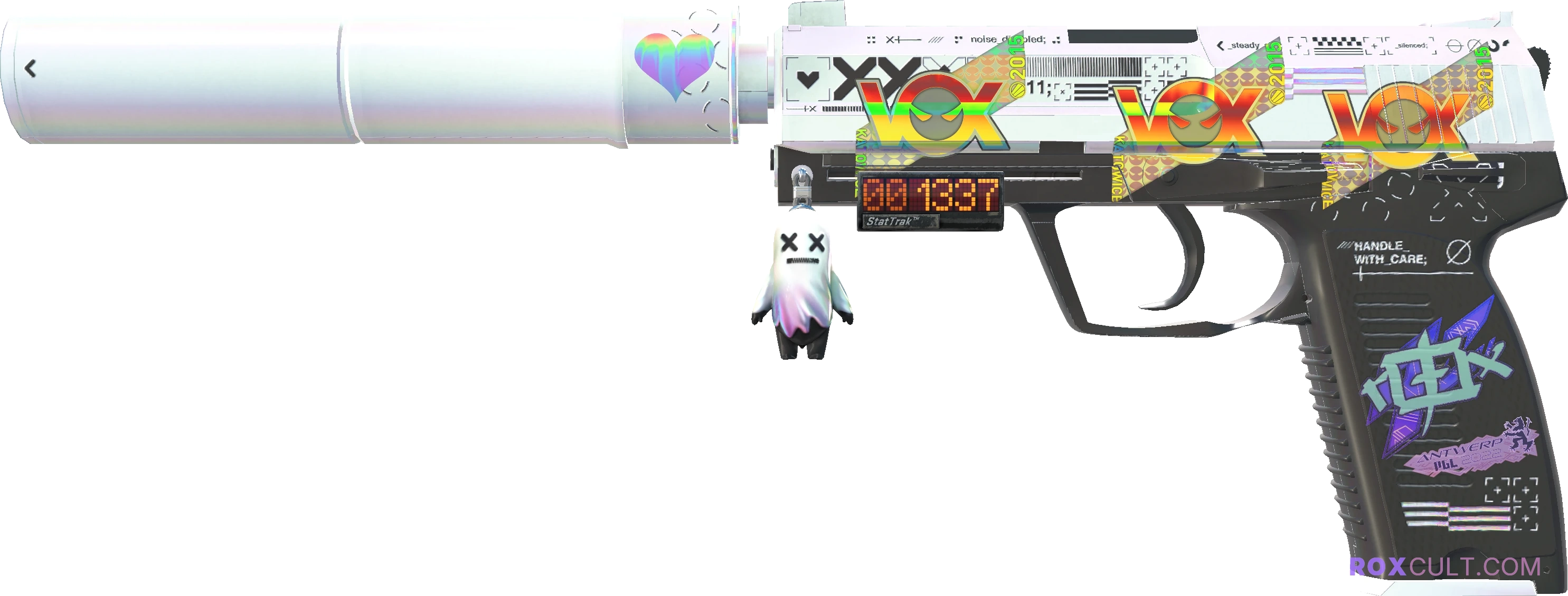 StatTrak™ USP-S | Printstream (Factory New) — rox (Holo) Antwerp 2022 craft, playside view with 1 rox (Holo) sticker