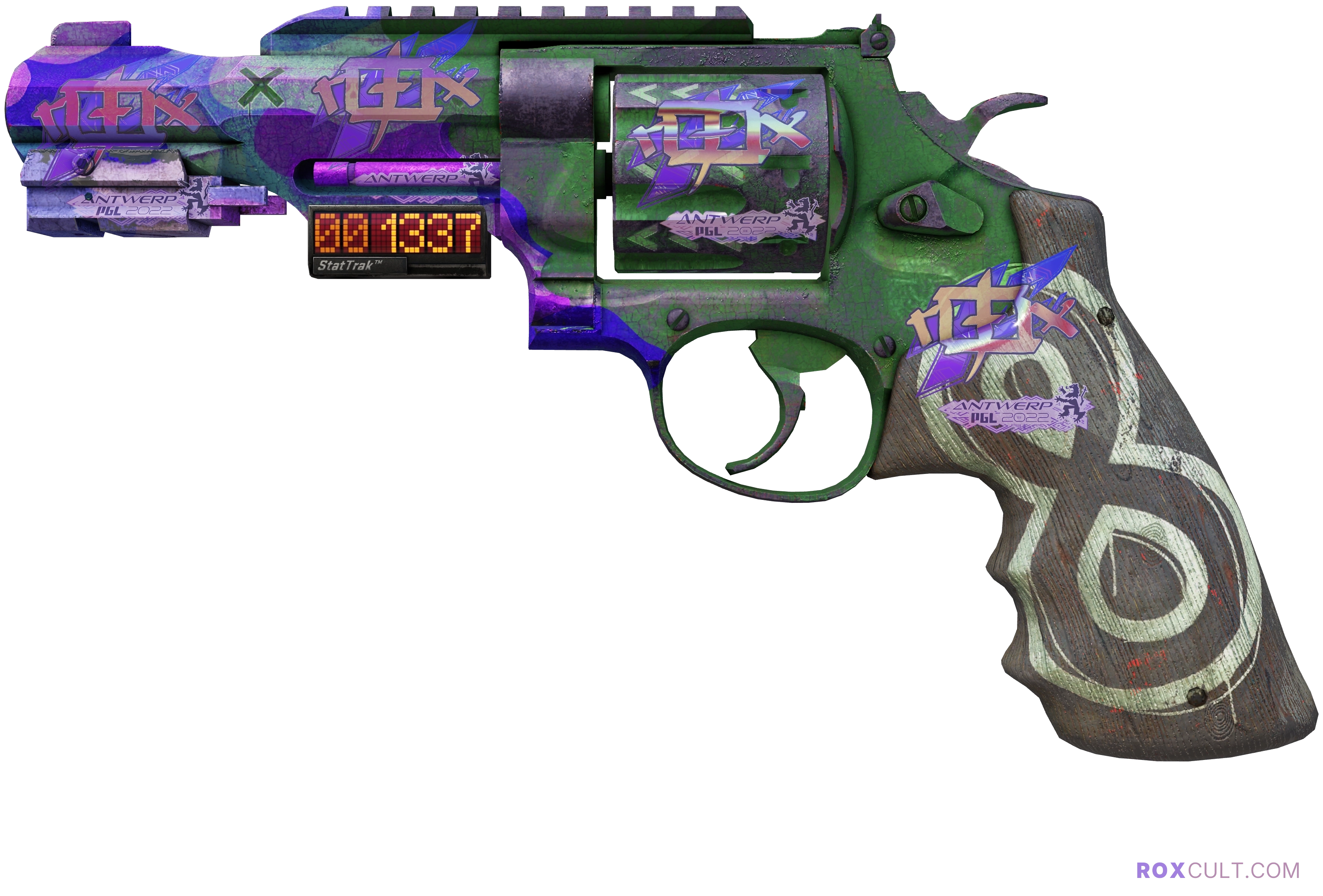 StatTrak™ R8 Revolver | Crazy 8 (Battle-Scarred) — rox (Holo) Antwerp 2022 craft, playside view with 5 rox (Holo) stickers