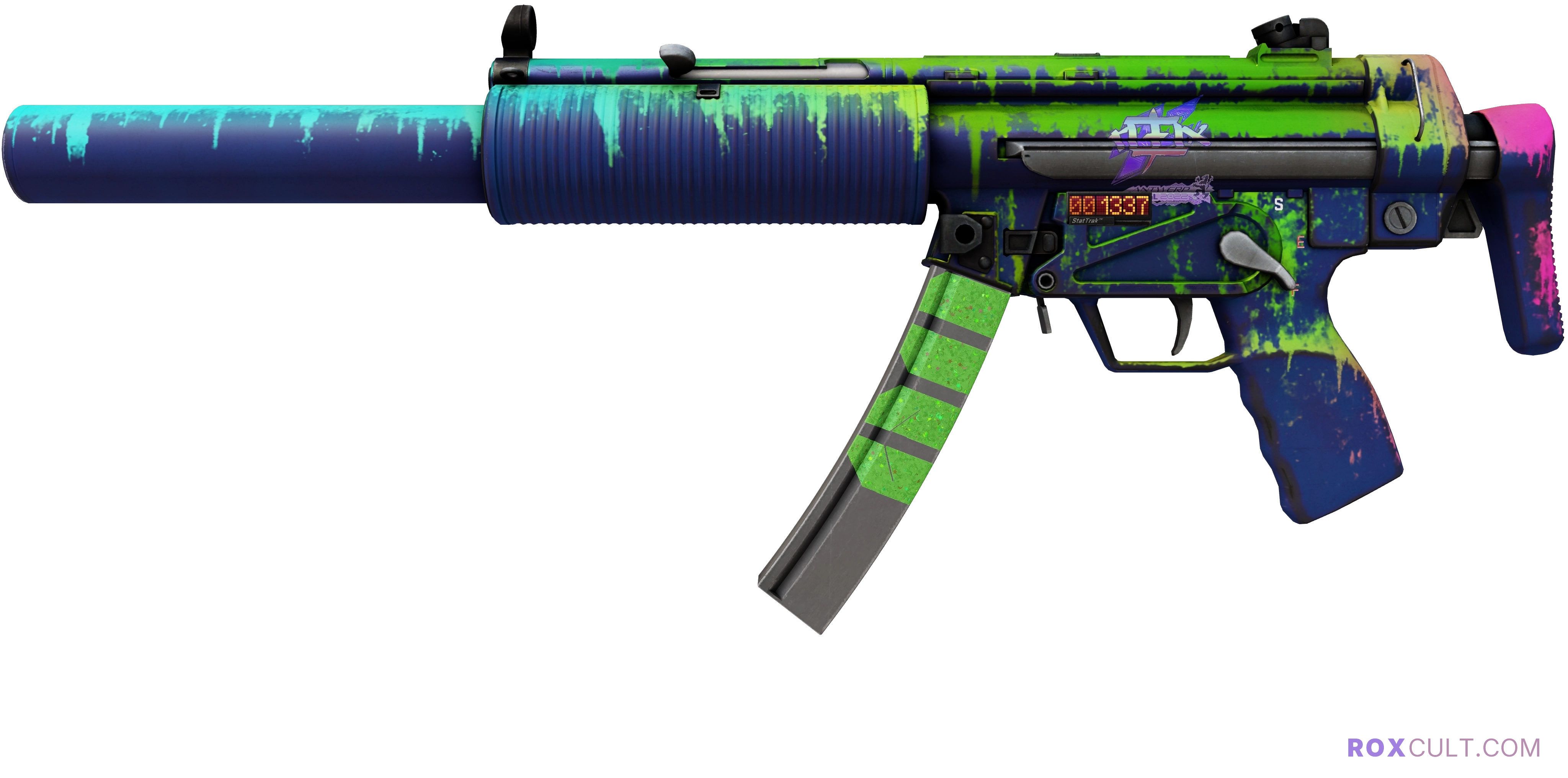 StatTrak™ MP5-SD | Phosphor (Minimal Wear) — rox (Holo) Antwerp 2022 craft, playside view with 1 rox (Holo) sticker