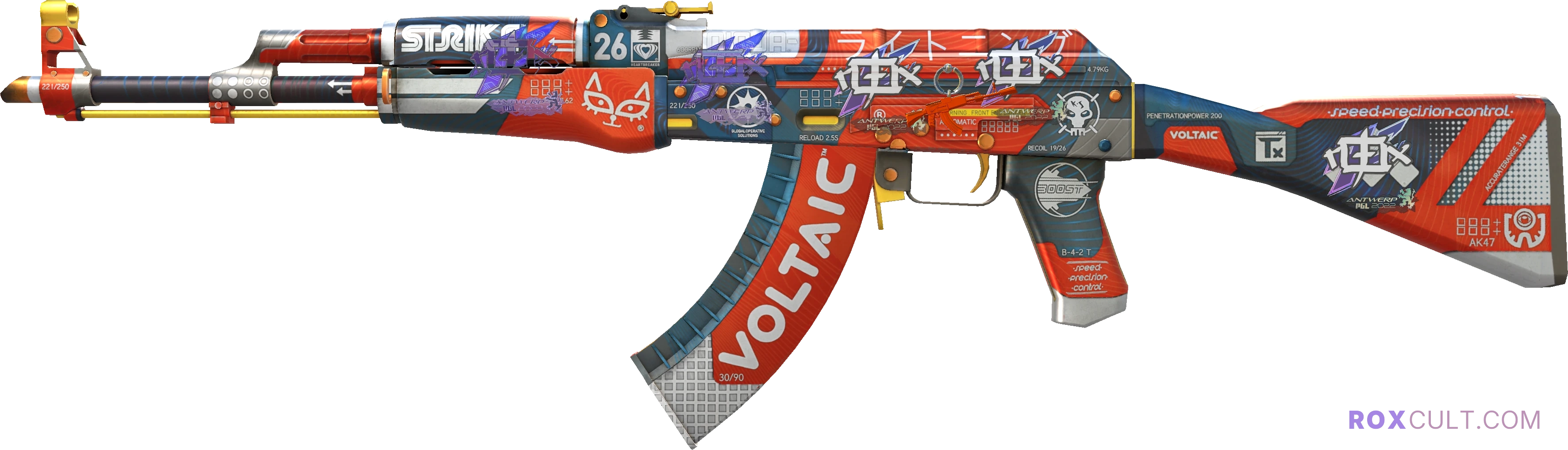 AK-47 | Bloodsport (Minimal Wear) — rox (Holo) Antwerp 2022 craft, playside view with 2 rox (Holo) stickers