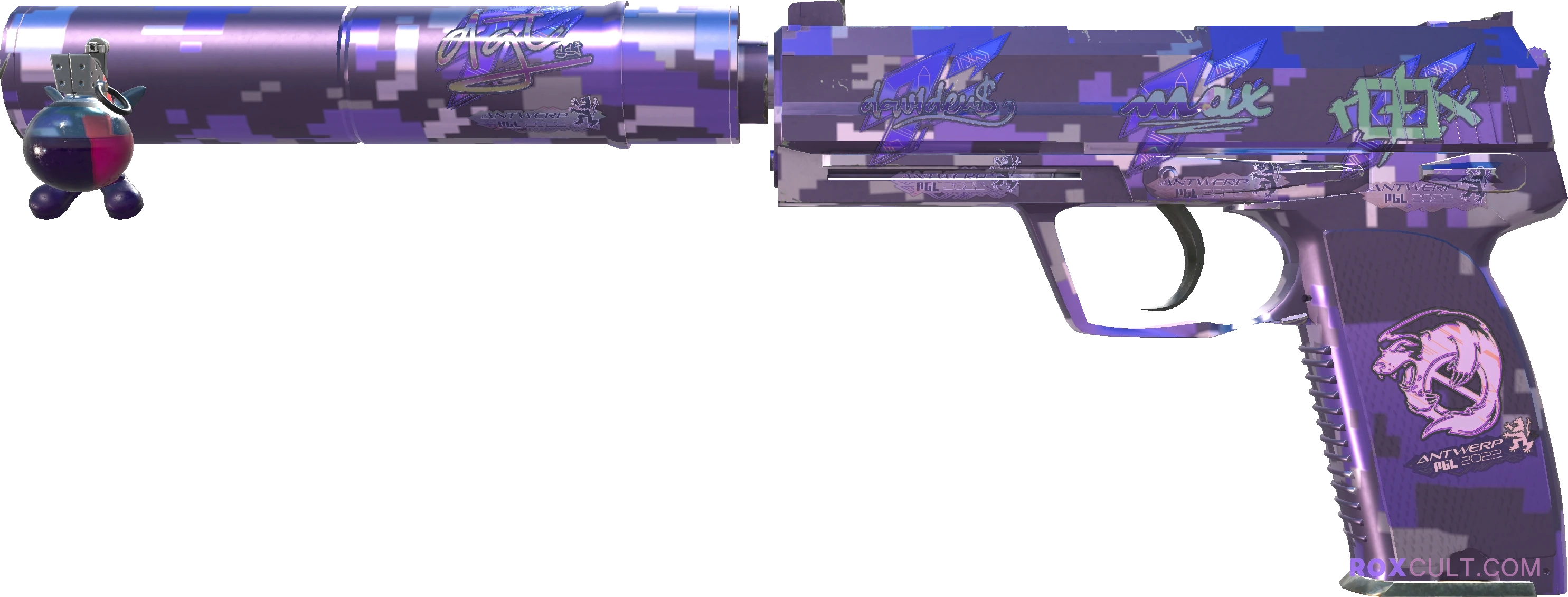 USP-S | Purple DDPAT (Factory New) — rox (Holo) Antwerp 2022 craft, playside view with 1 rox (Holo) sticker