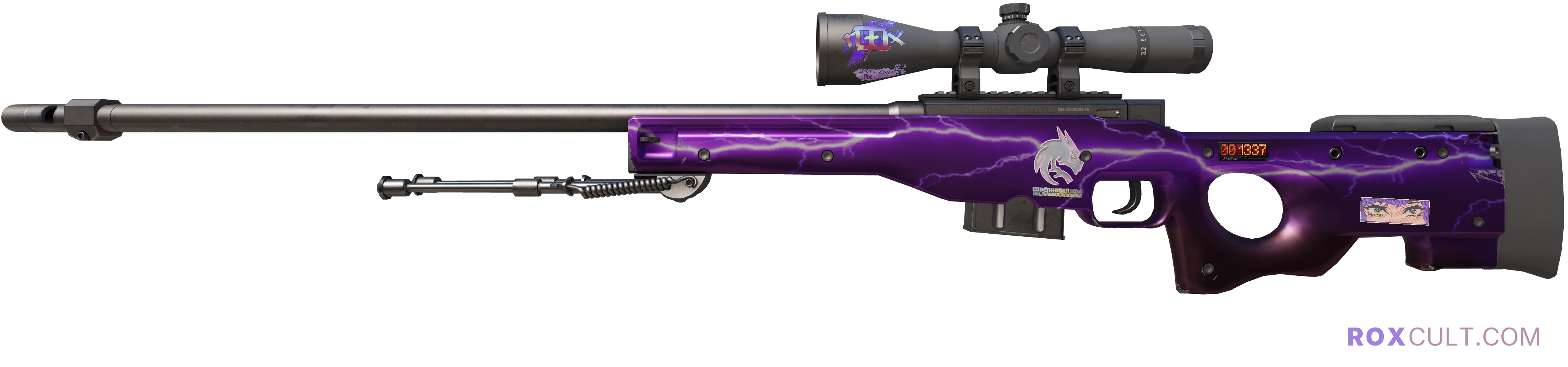 StatTrak™ AWP | Lightning Strike (Factory New) — rox (Holo) Antwerp 2022 craft, playside view with 1 rox (Holo) sticker
