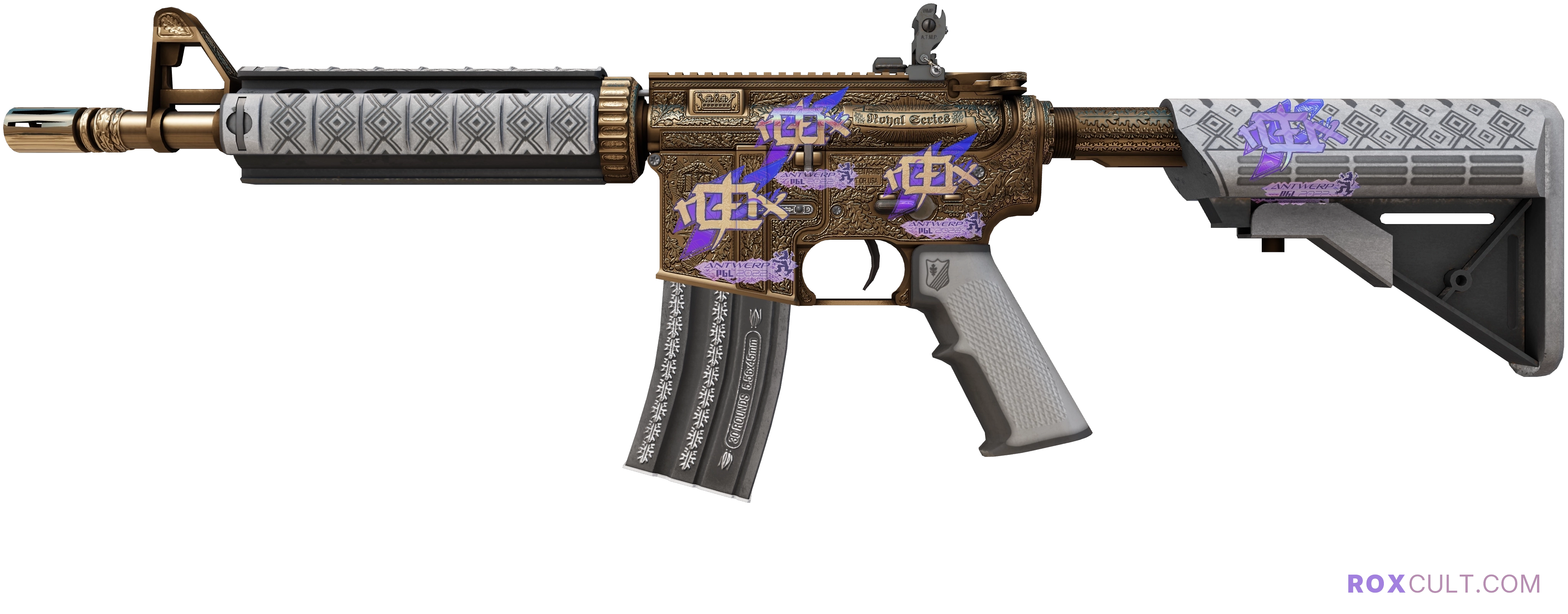 M4A4 | Royal Paladin (Factory New) — rox (Holo) Antwerp 2022 craft, playside view with 4 rox (Holo) stickers
